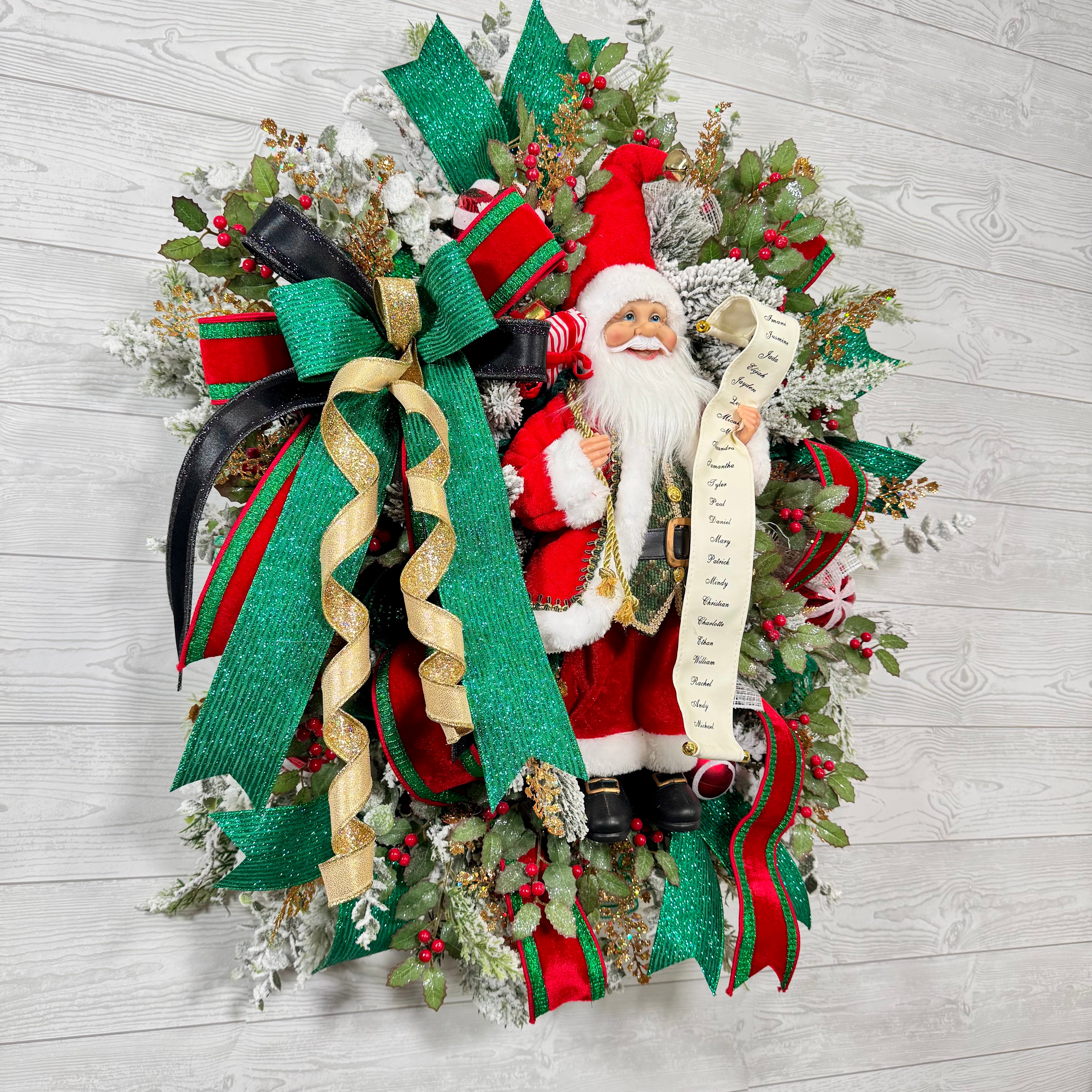 Santa Christmas Wreath, Festive Holiday Wreath with Santa Figure, Green and Gold Ribbon, Red Berries & Peppermint Accents