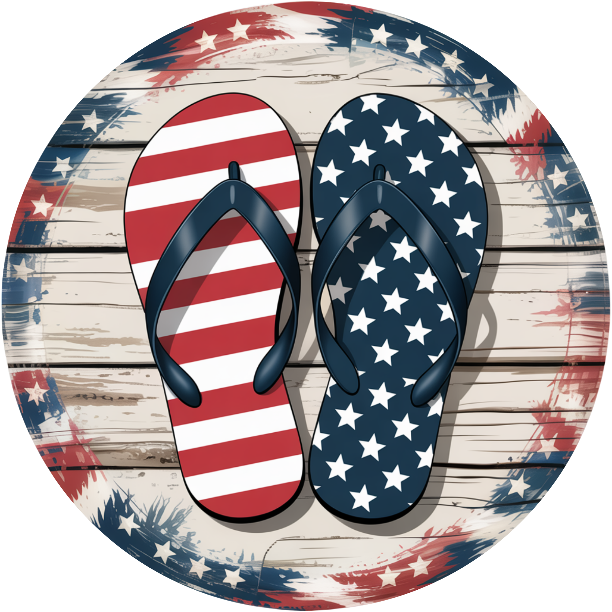 Patriotic Flip Flops Round Sign, Red White Blue Summer Door Hanger, Americana Wreath Accent, 4th of July Decor