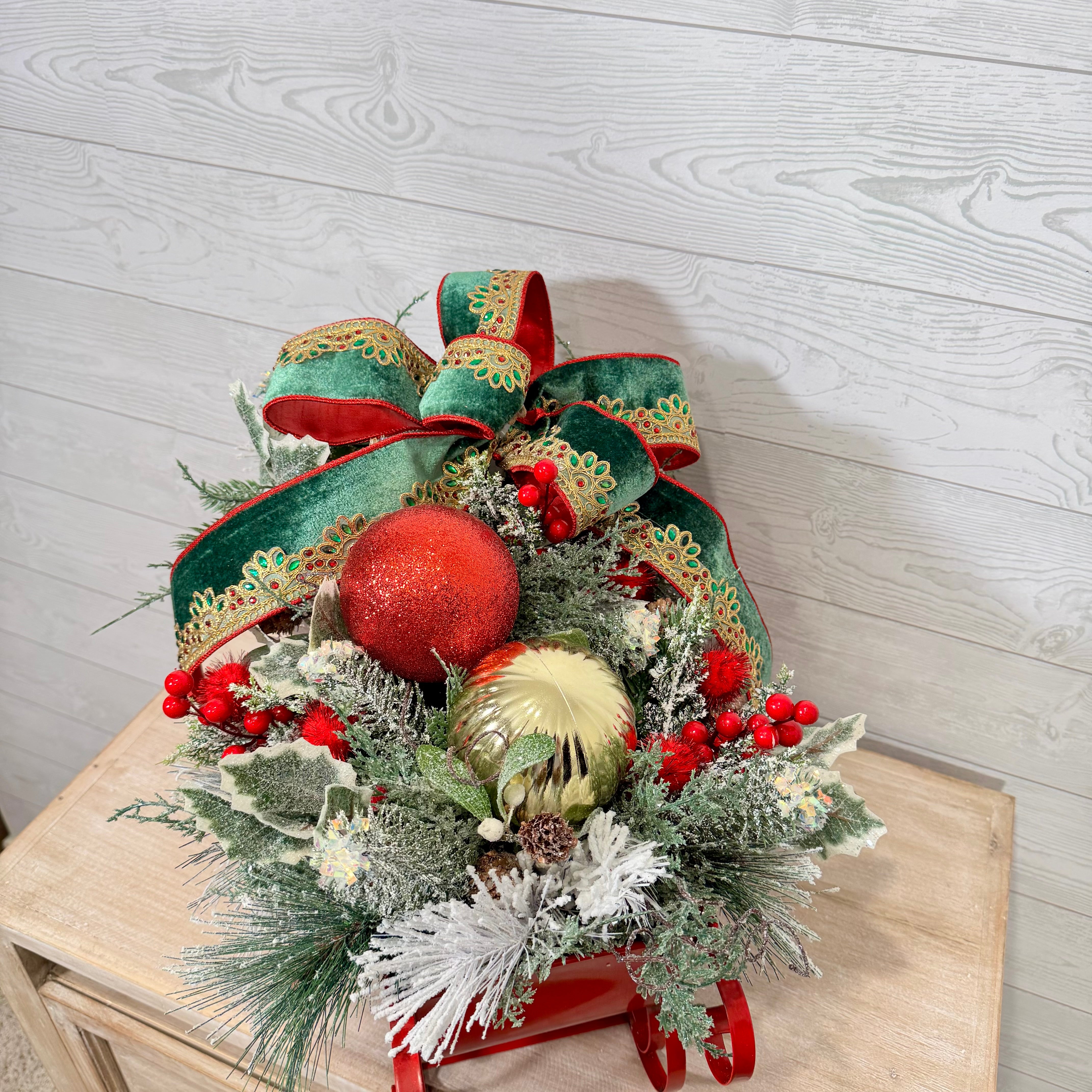 Red Sleigh Christmas Centerpiece, Green Velvet Bow and Ornament Holiday Arrangement, Festive Table Décor
