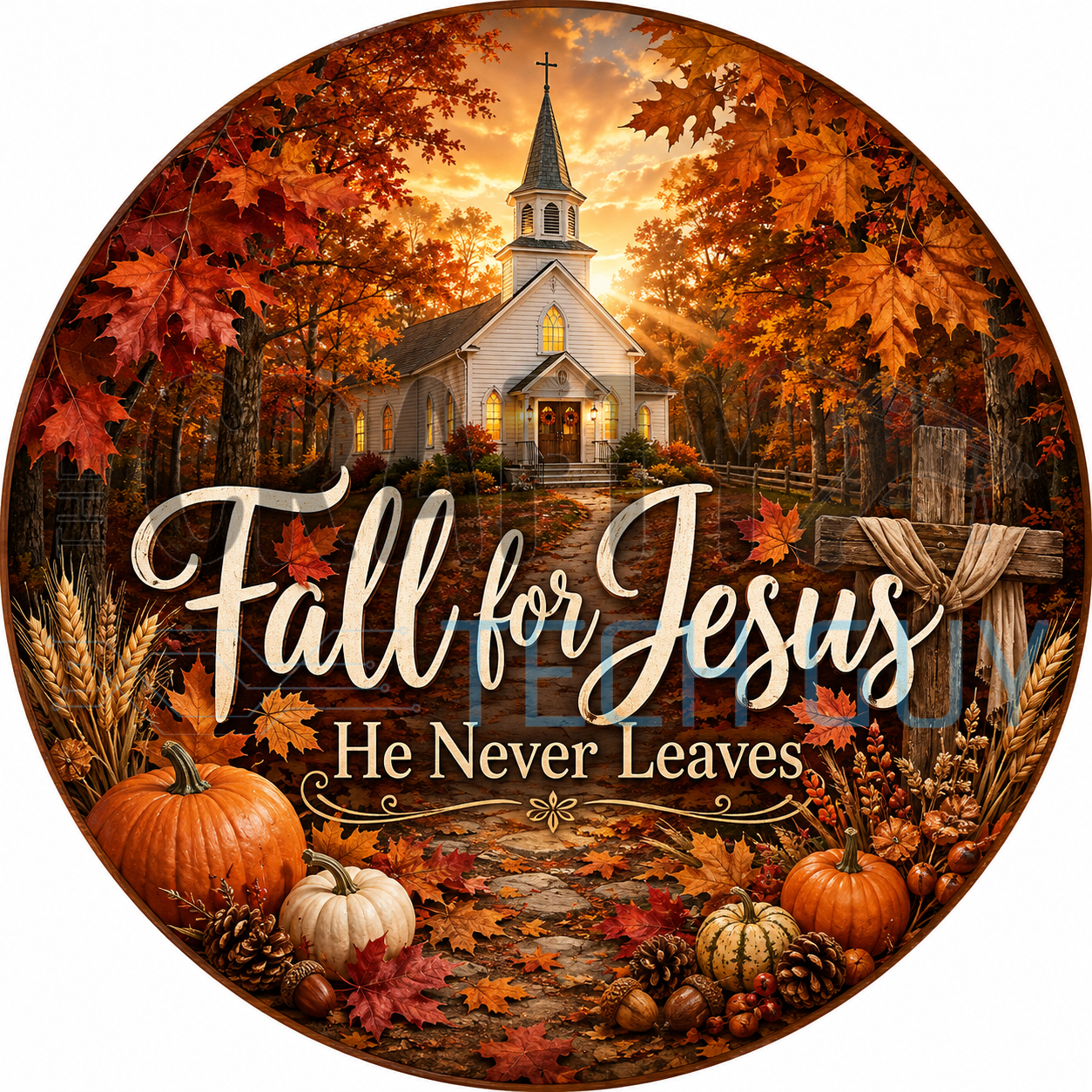 Fall For Jesus He Never Leaves round sign with white church steeple, autumn leaves, pumpkins, and wooden cross