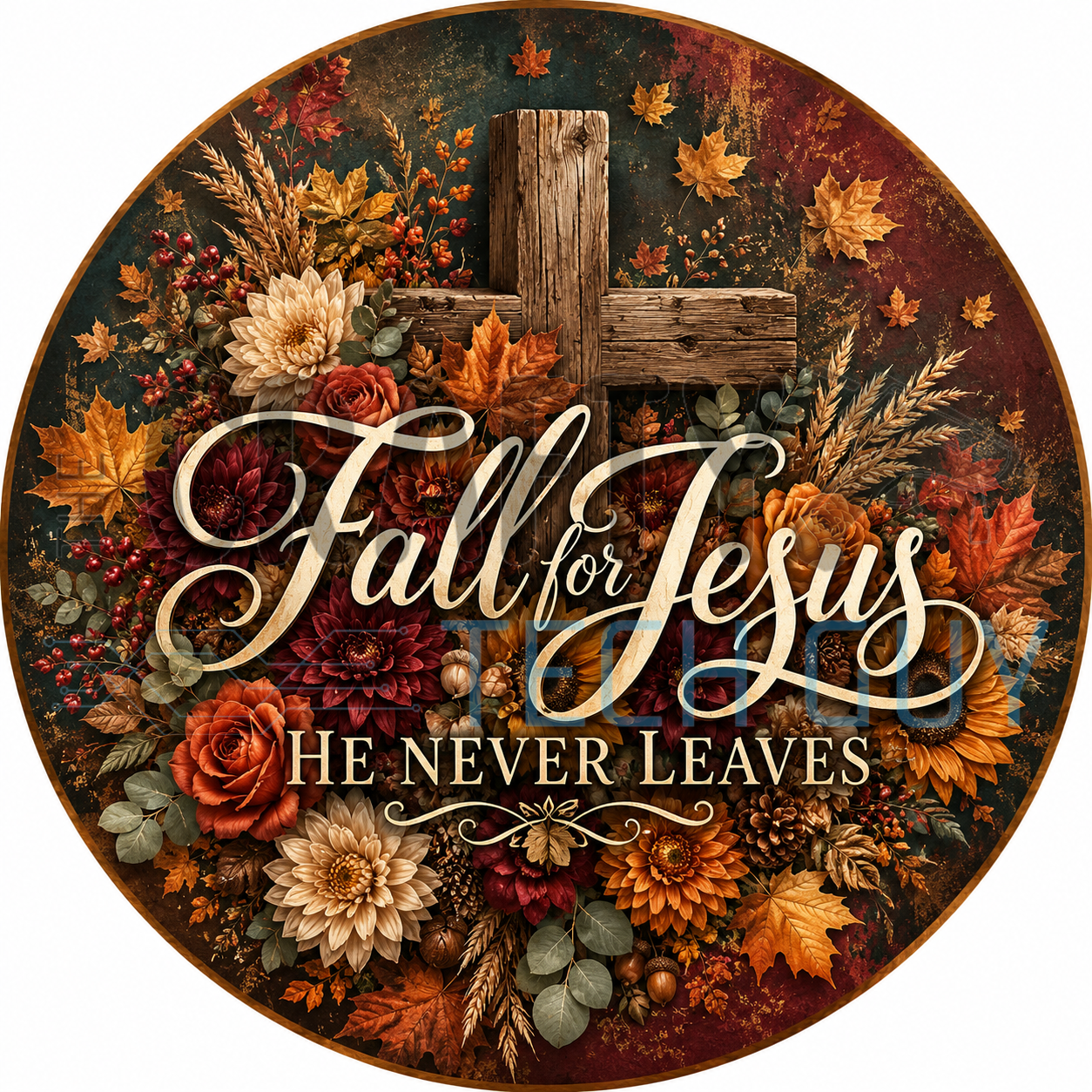 Fall For Jesus He Never Leaves round sign with rustic wooden cross, autumn flowers, sunflowers, and fall leaves