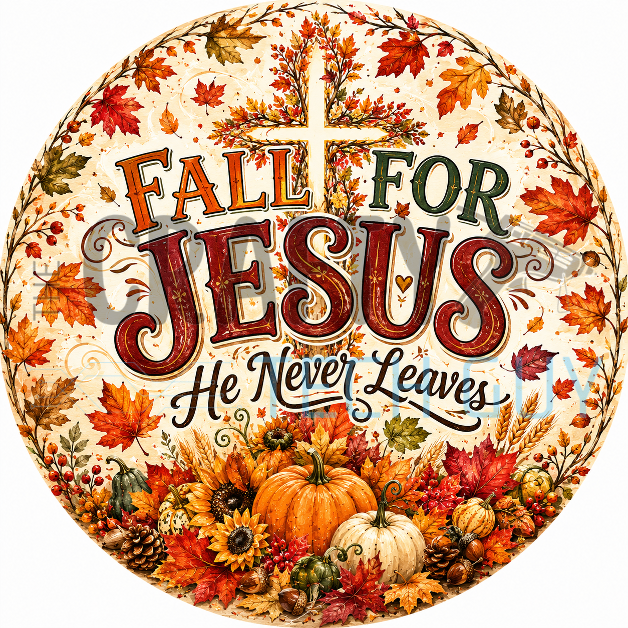 Fall For Jesus He Never Leaves round sign with vintage typography, cross, pumpkins, sunflowers, and fall leaves