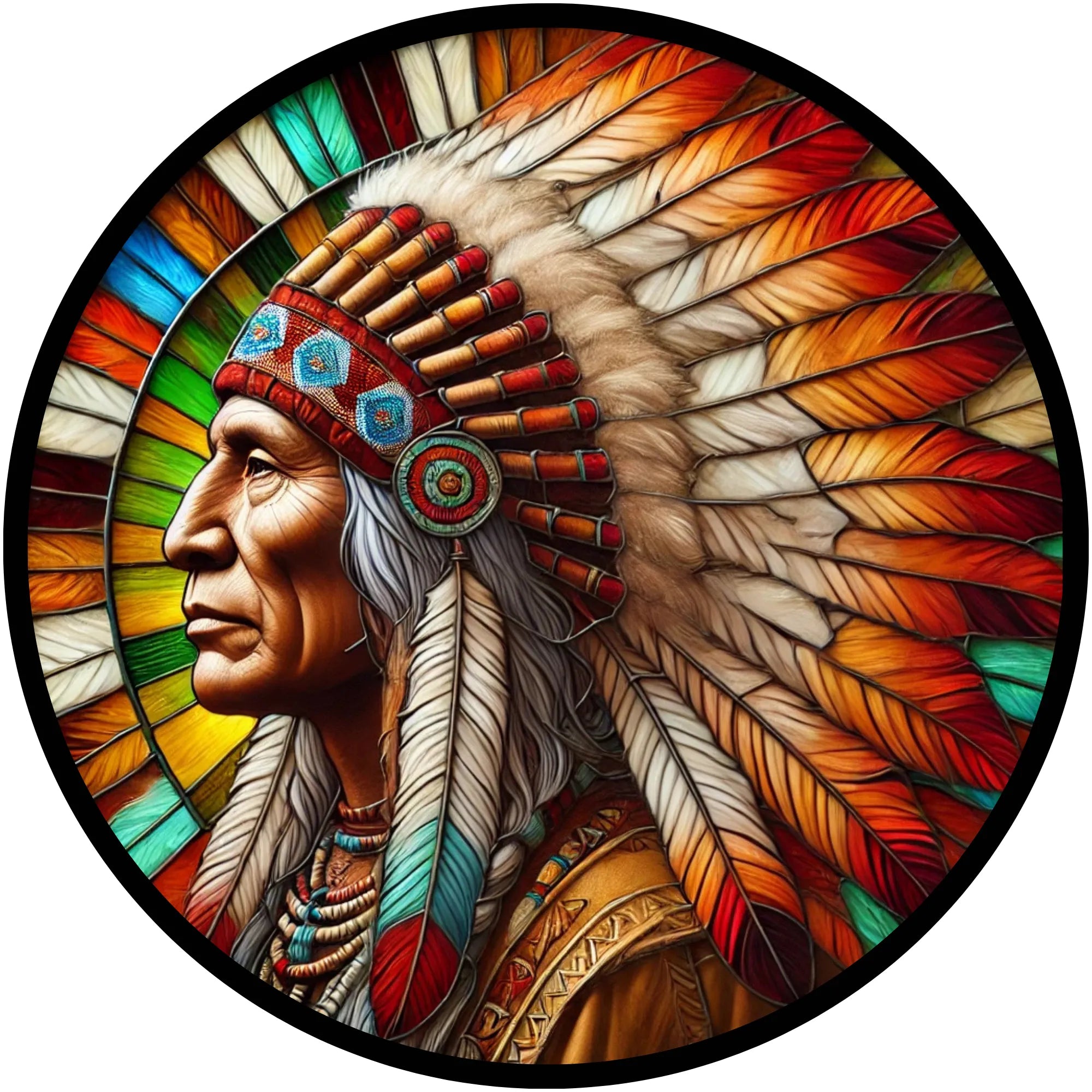 Metal Sublimation Sign, Native American Indian with headdress faux stained glass look wreath sign