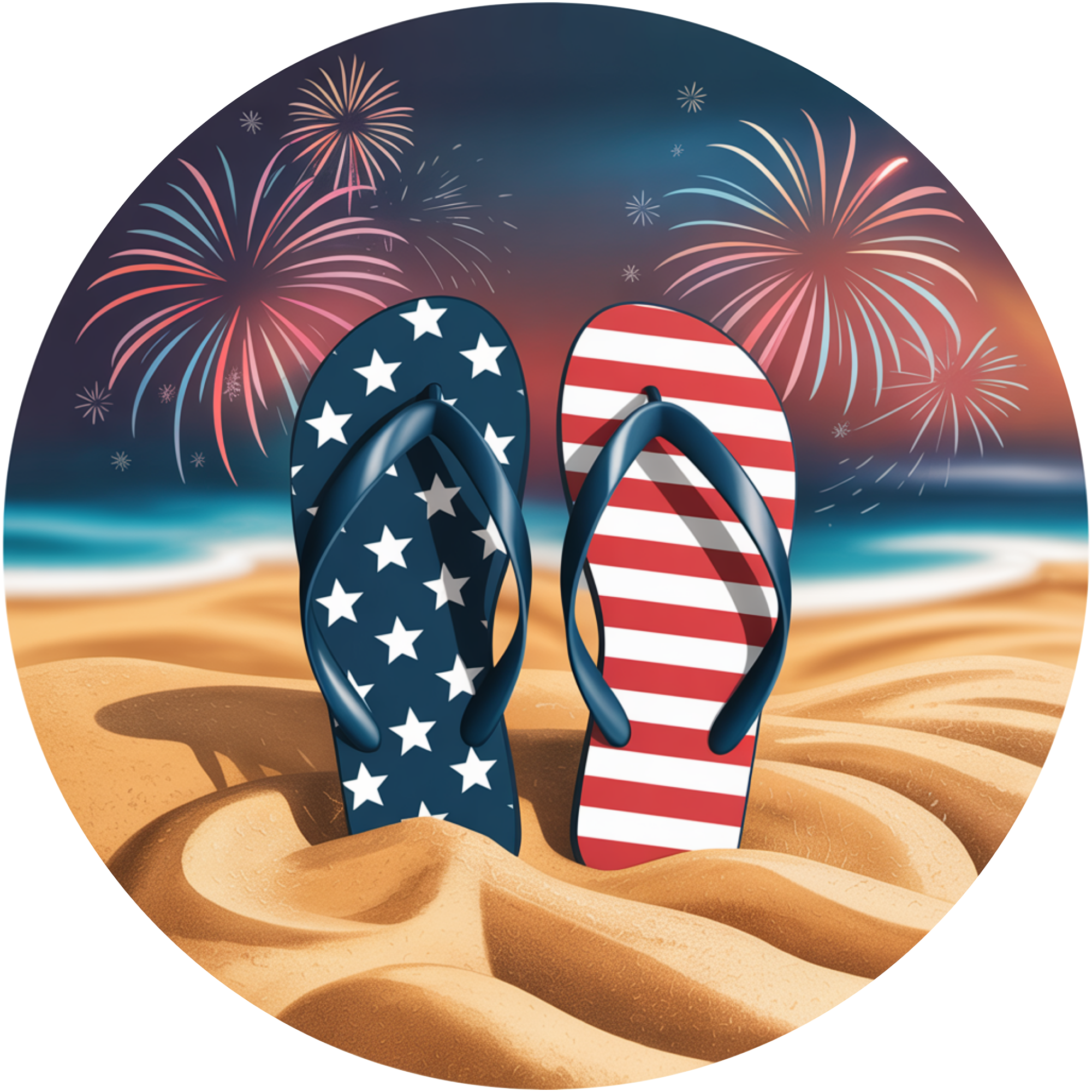 Patriotic Beach Flip Flops Round Metal Sign, 4th of July Fireworks Decor, Summer Coastal Door Hanger, Americana Wreath Accent