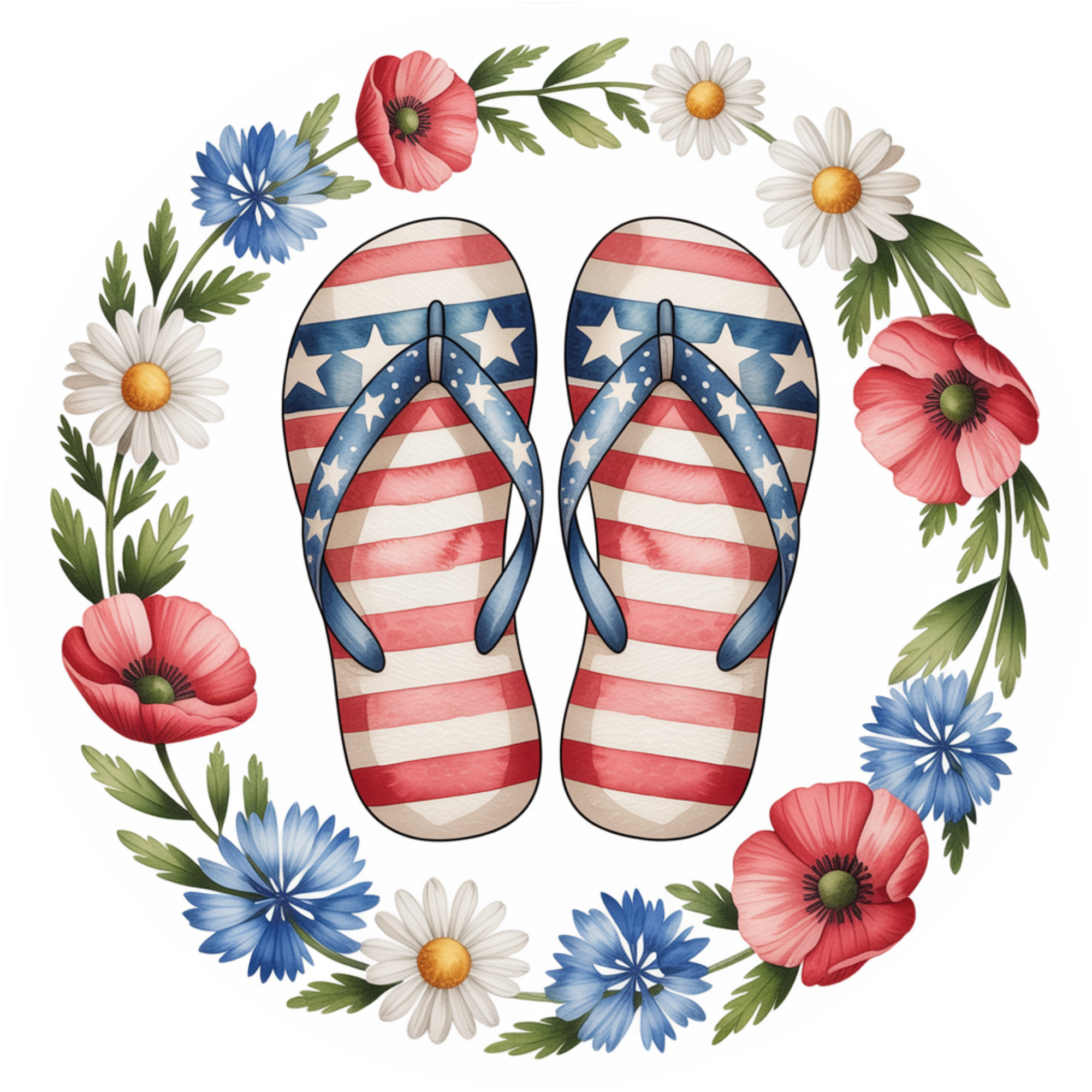 Patriotic Flip Flops Floral Wreath Sign, Red White Blue Summer Door Decor, 4th of July Metal Round, Americana Wreath Center