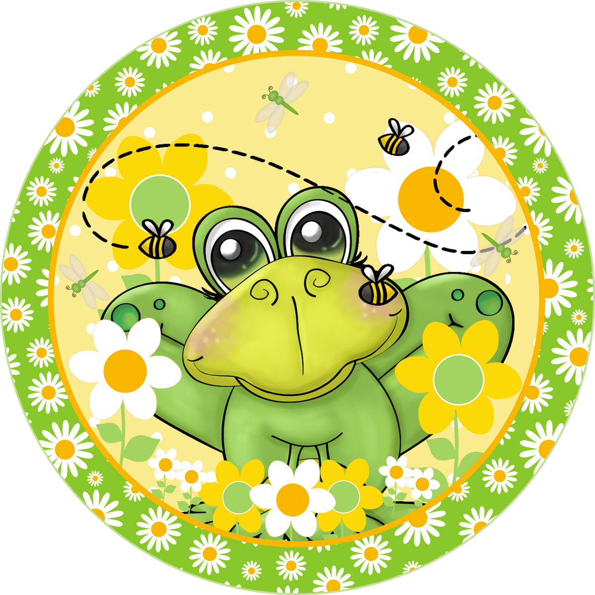 Daisy Frog & Bee Welcome Sign – Round Sublimated Metal Sign with Green