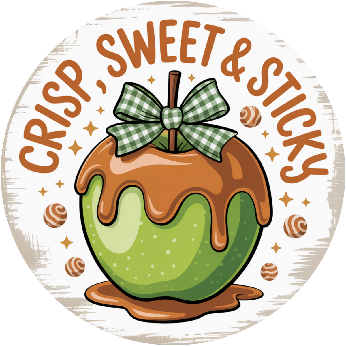 Crisp Sweet Sticky Caramel Apple Sign – Fall Decor with Green Apple an