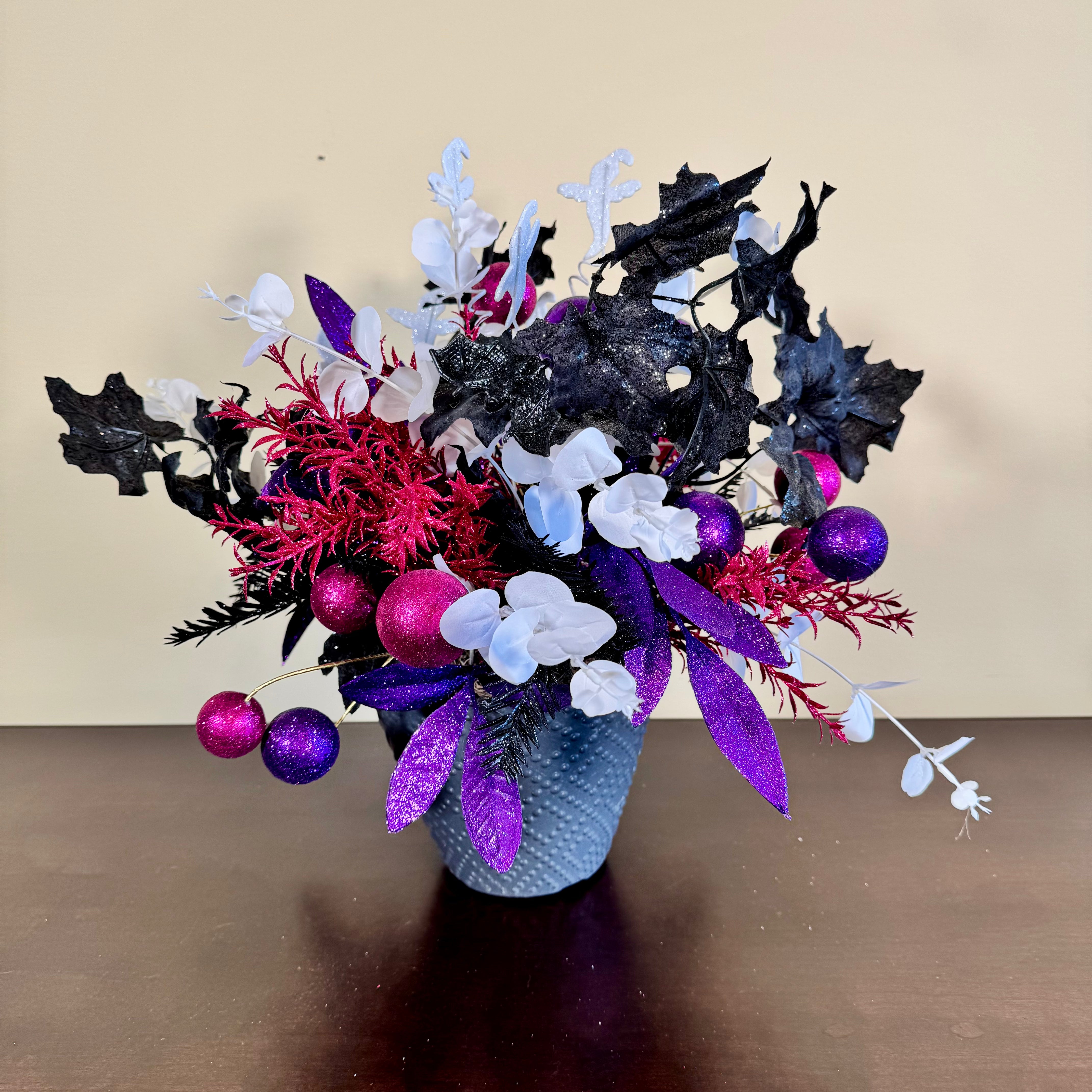 Glam Halloween Arrangement with Ghost Picks, Black Florals & Purple Sparkle Accents