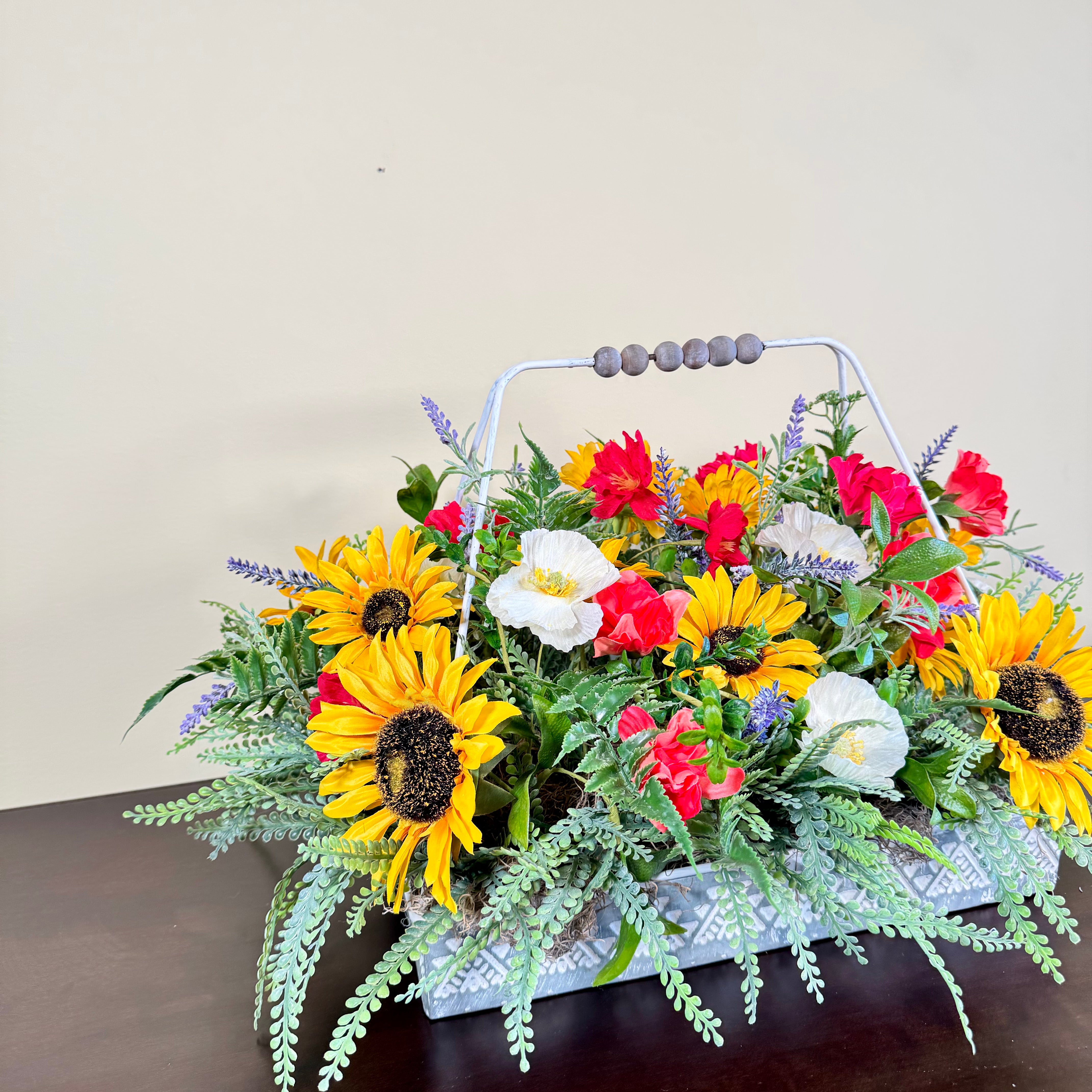 Sunflower Wildflower Centerpiece with Summer Blooms in Galvanized Metal Tray with Handle