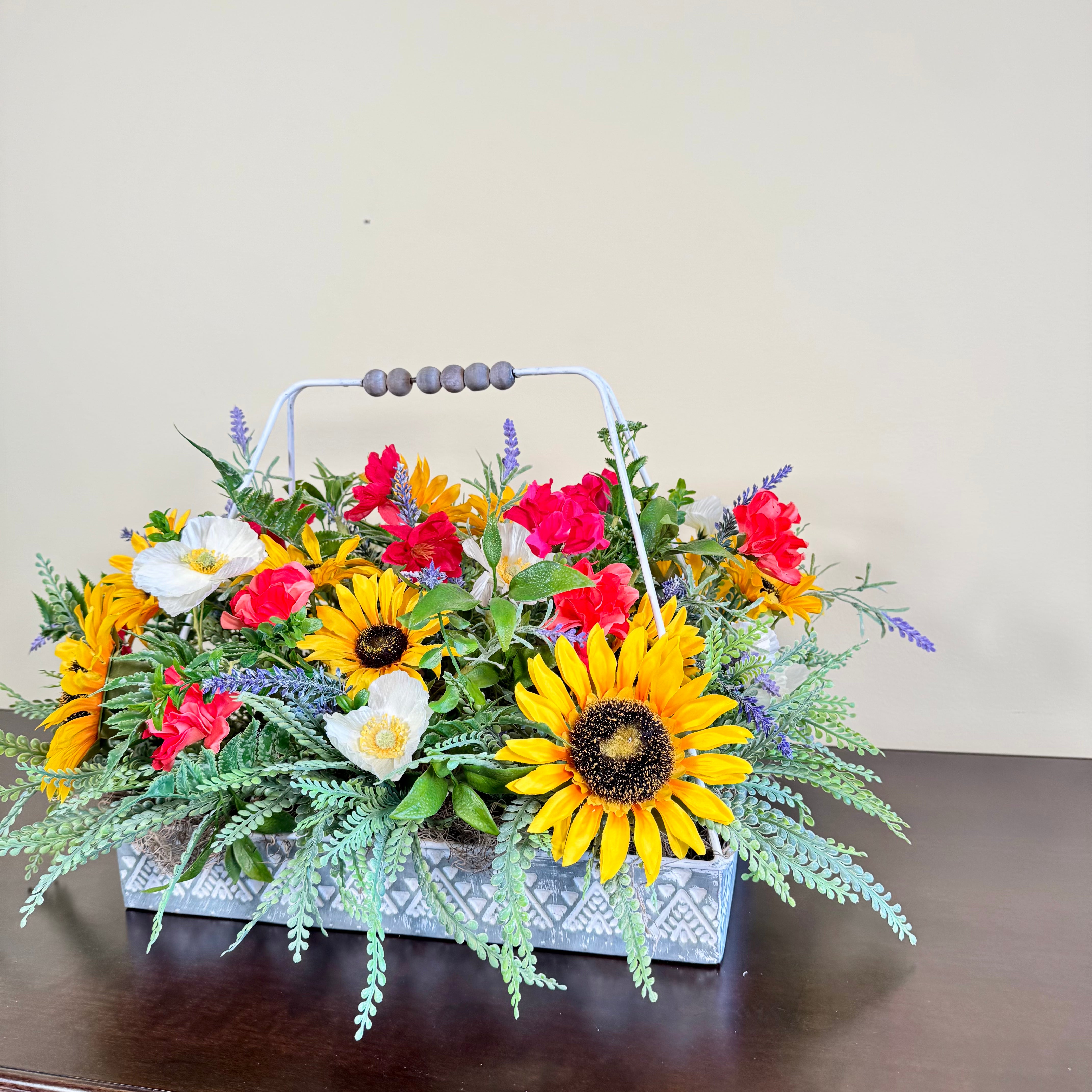 Sunflower Wildflower Centerpiece with Summer Blooms in Galvanized Metal Tray with Handle