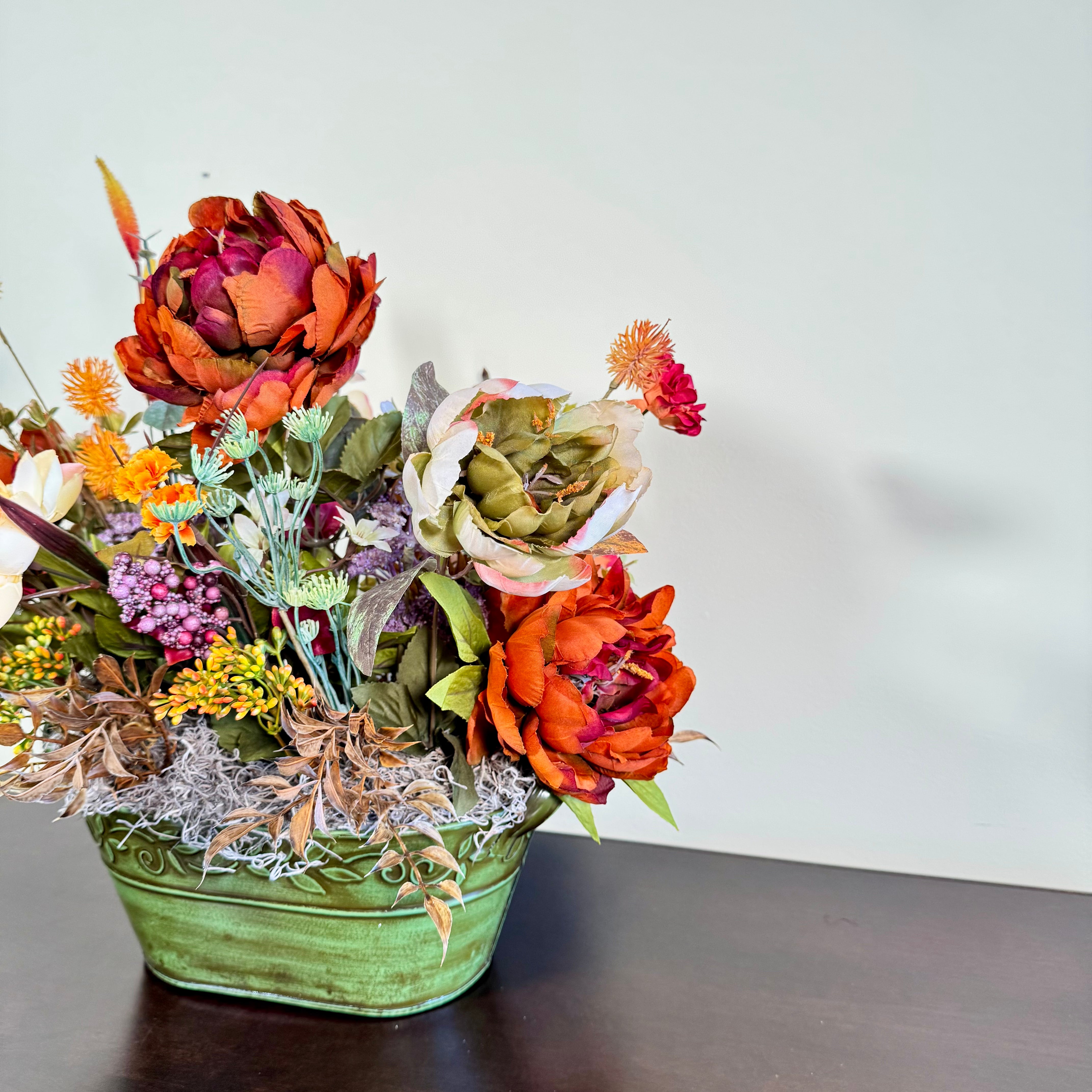 Fall Floral Arrangement with Peonies Roses and Autumn Accents in Green Embossed Tin