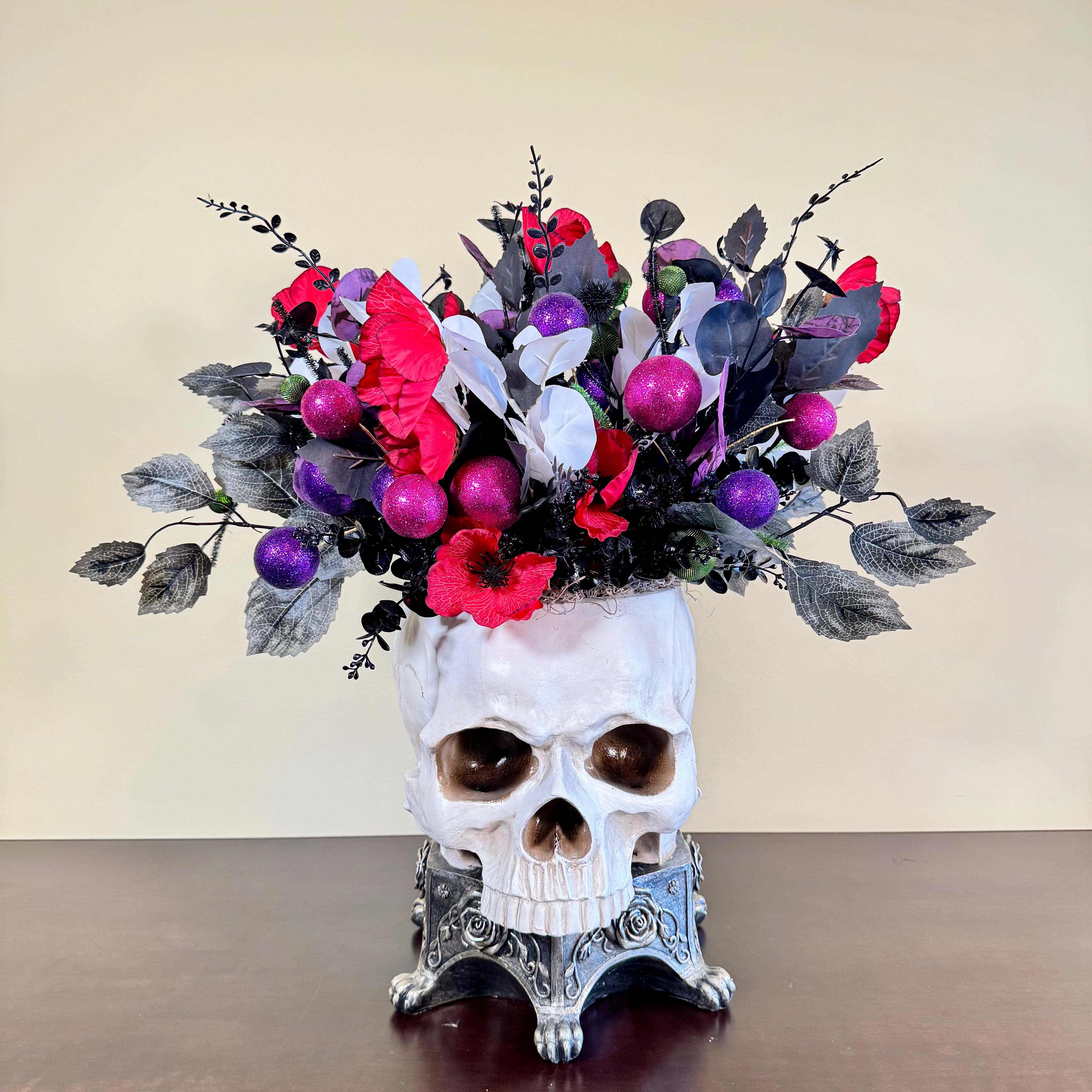 Glam Halloween Skull Floral Arrangement with Red, Purple and Black Accents