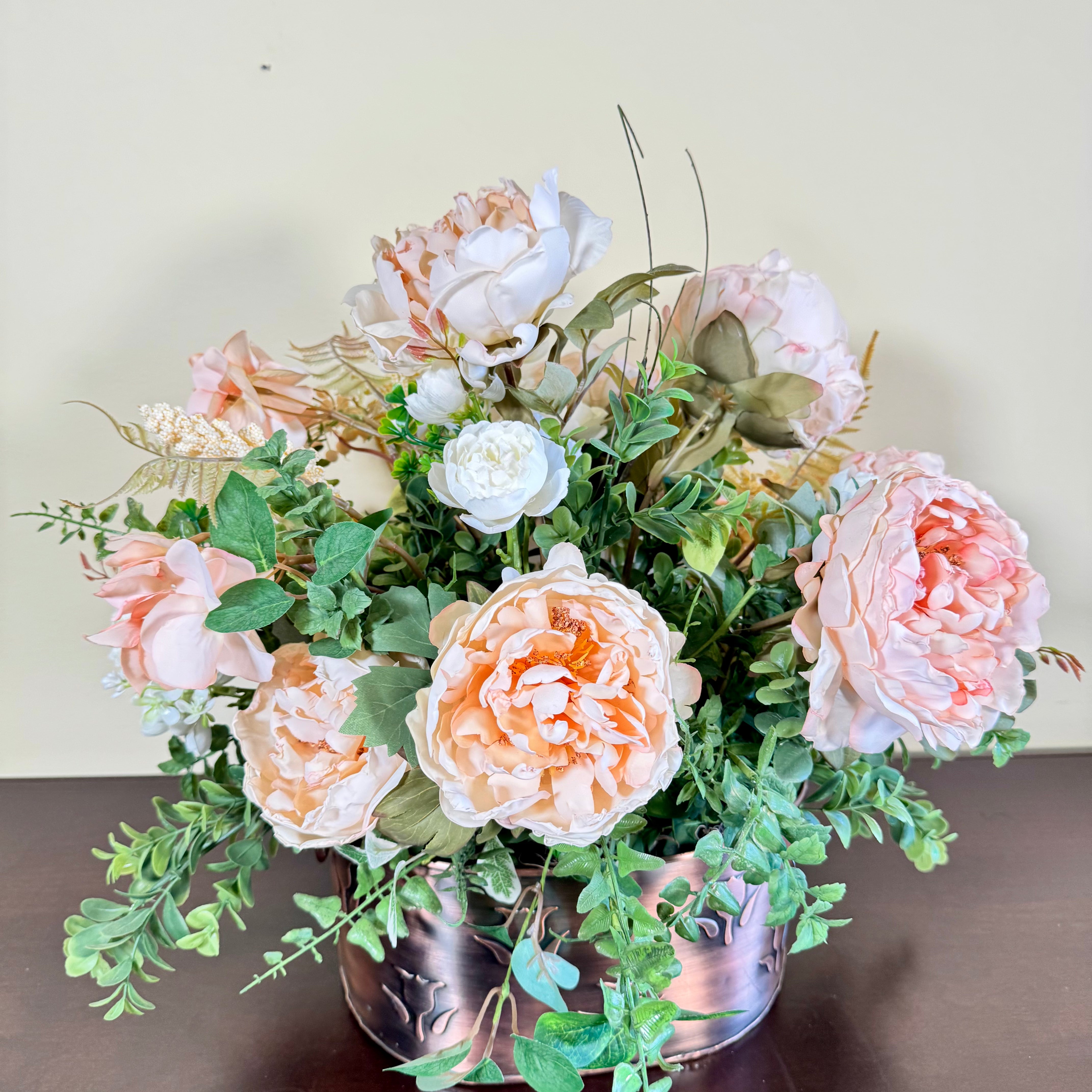 Peachy Pink Peony Floral Arrangement in Embossed Copper Container
