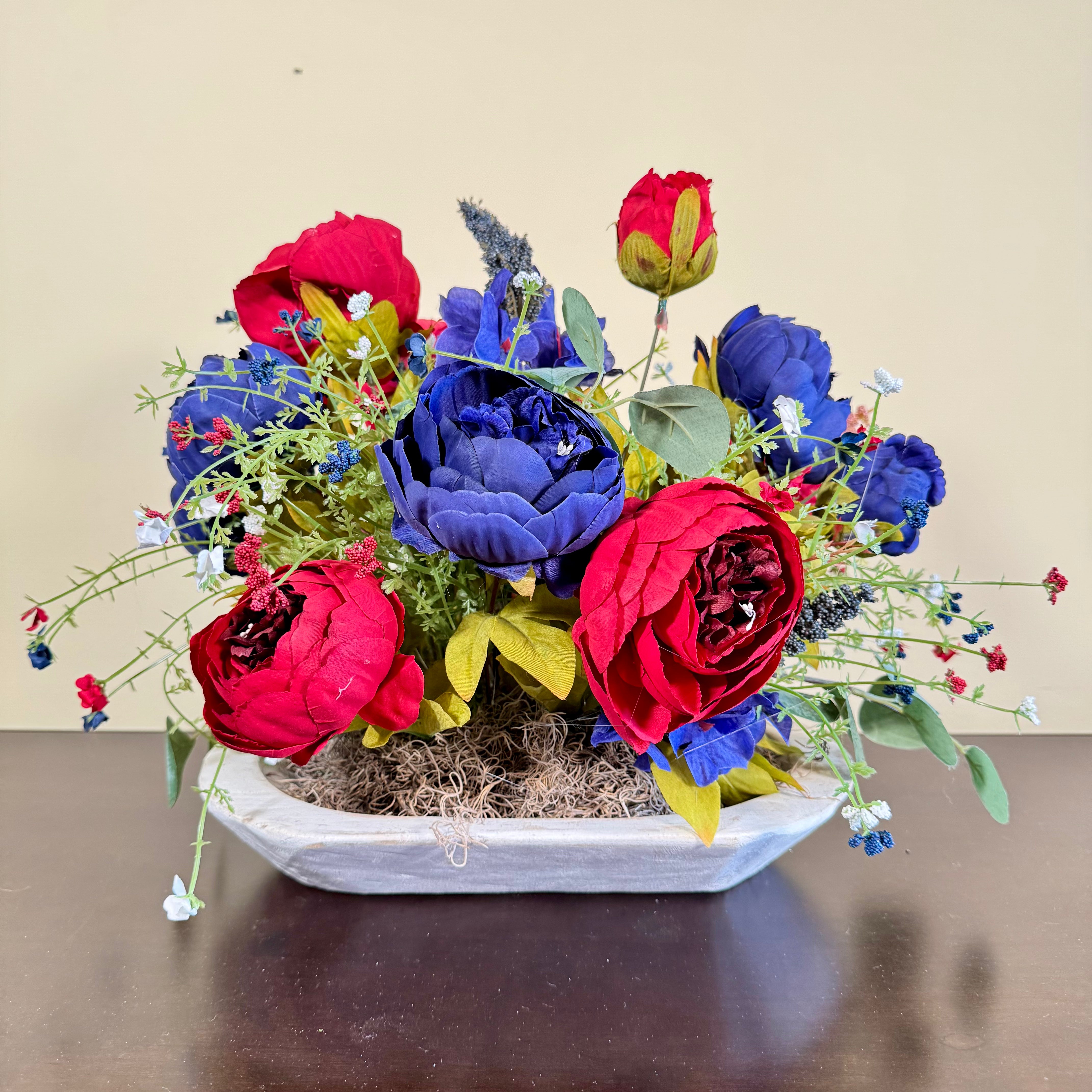 Patriotic Peony Floral Arrangement – Handmade Red & Blue Faux Flower Centerpiece, Rustic Farmhouse Decor in White Wooden Bowl