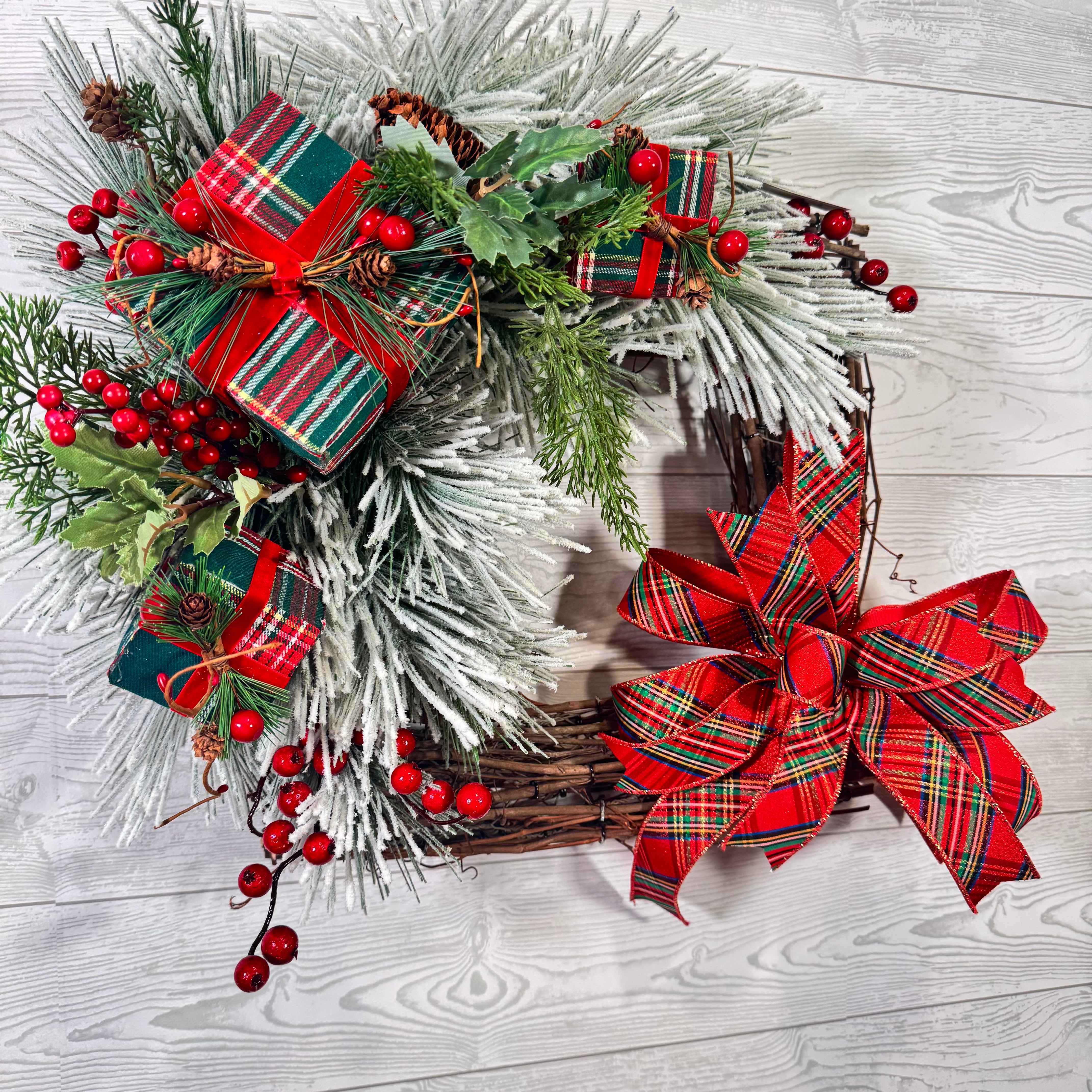 Frosted Evergreen Square Wreath with Red Plaid Bows, Holiday Berries, and Classic Christmas Greens