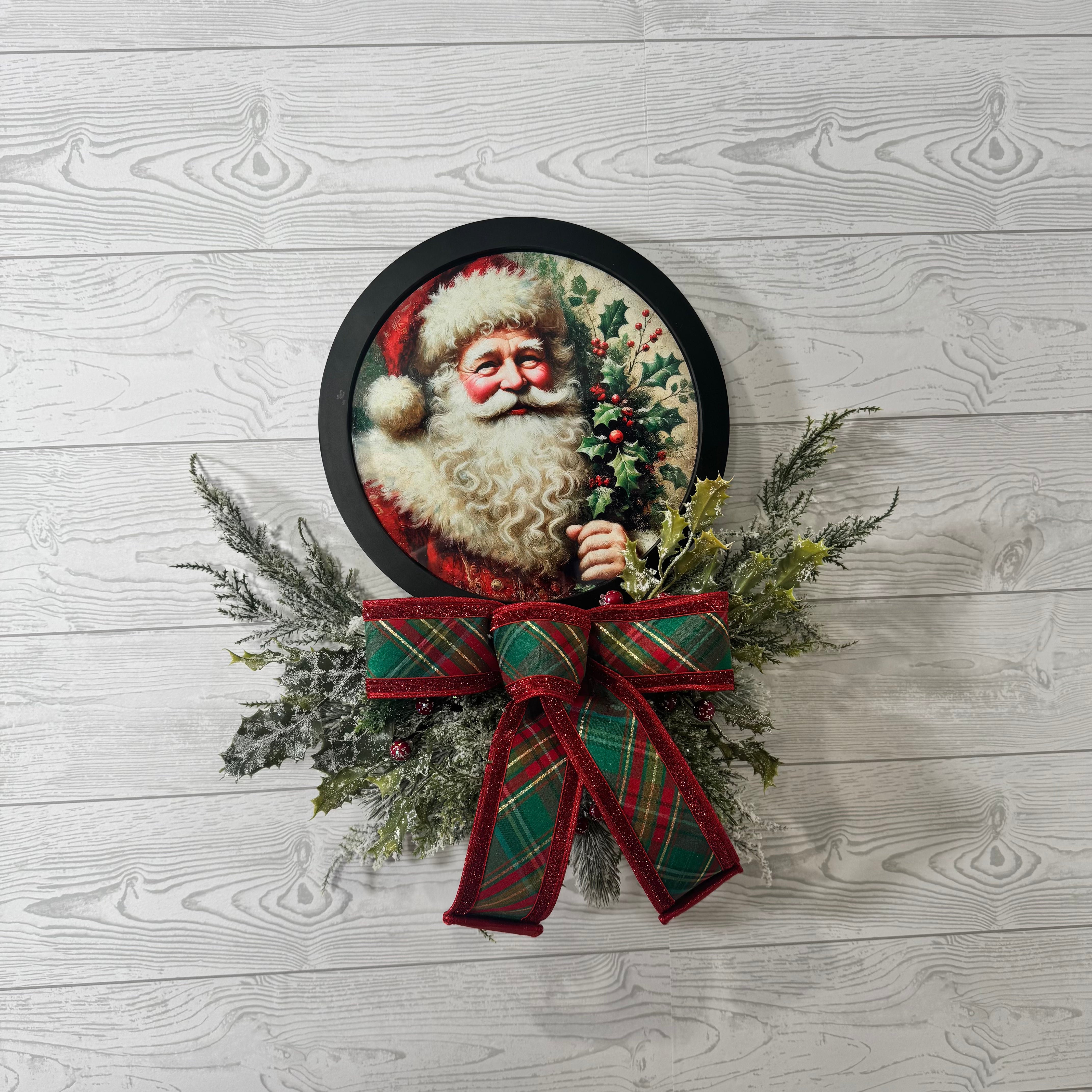 Vintage Santa Wall Decor with Winter Greenery and Plaid Christmas Bow, Classic Holiday Accent Piece