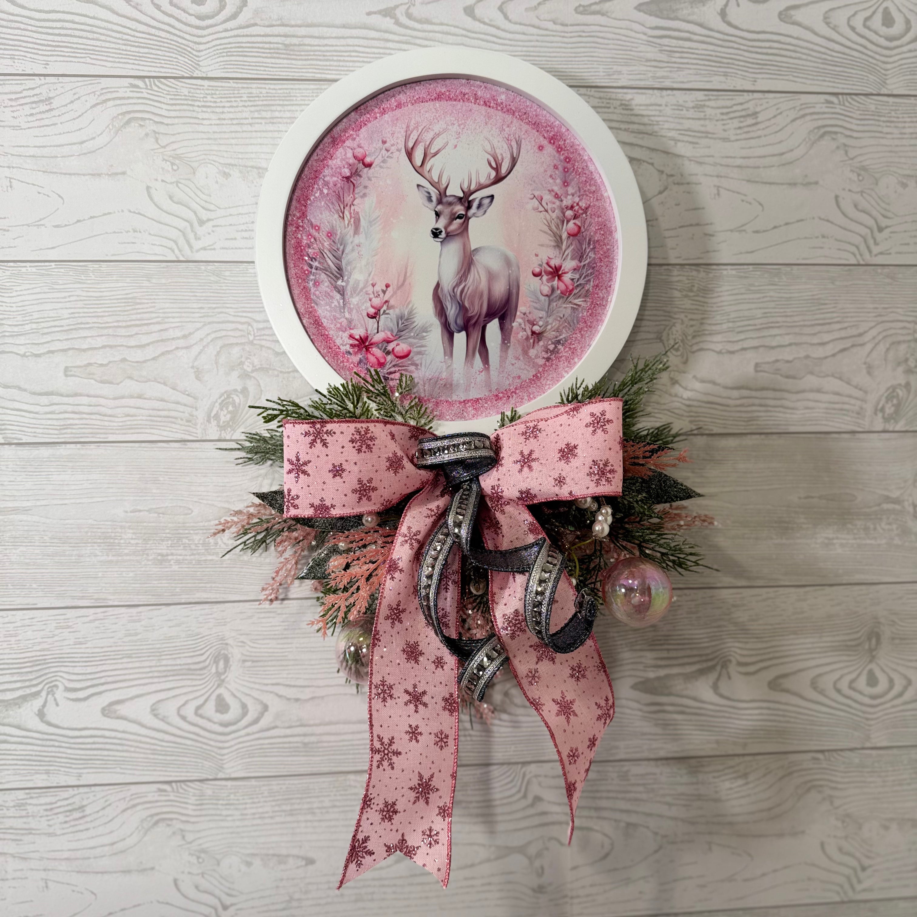 Pink Winter Deer Wall Decor with Pastel Florals and Holiday Bow, Elegant Christmas Wall Accent