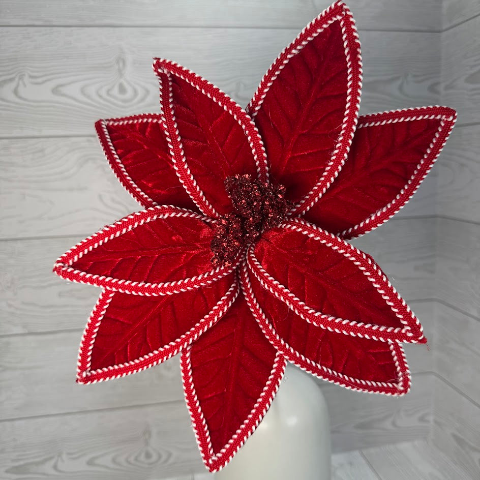 25 Inch Red Velvet Poinsettia with White Braided Cord Trim and 12 Inch Bloom