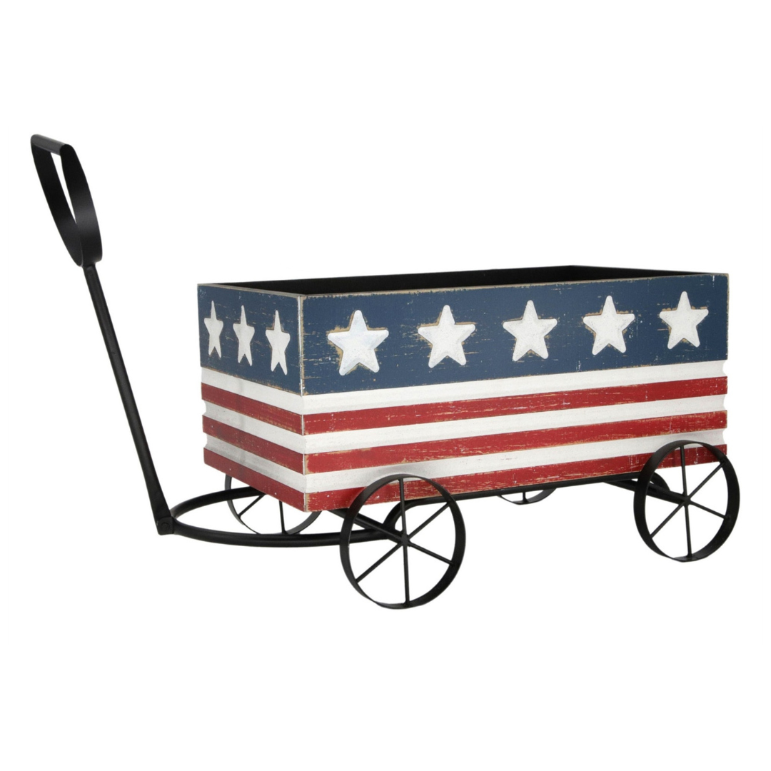 Large Patriotic Decorative Wagon Planter, Americana Red White Blue Farmhouse Cart, 4th of July Display Container