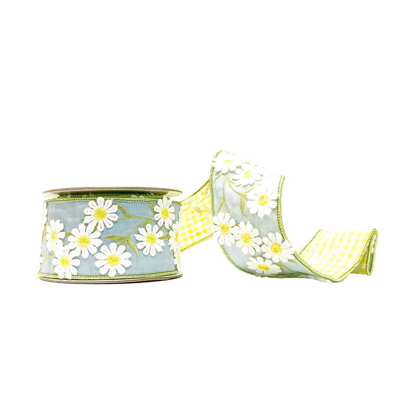 Luxury Blue Daisy & Yellow Gingham Wired Ribbon, 2.5 Inch x 5 Yards, Double Sided Hand Stitched Designer Ribbon