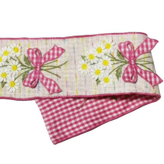 Luxury Hand Stitched Spring Flower Bouquet Wired Ribbon, 4 Inch x 5 Yards, Double Sided Designer Ribbon