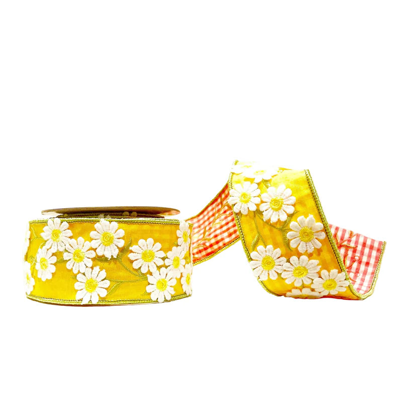 Luxury Yellow Daisy & Pink Gingham Wired Ribbon, 2.5 Inch x 5 Yards, Double Sided Hand Stitched Designer Ribbon