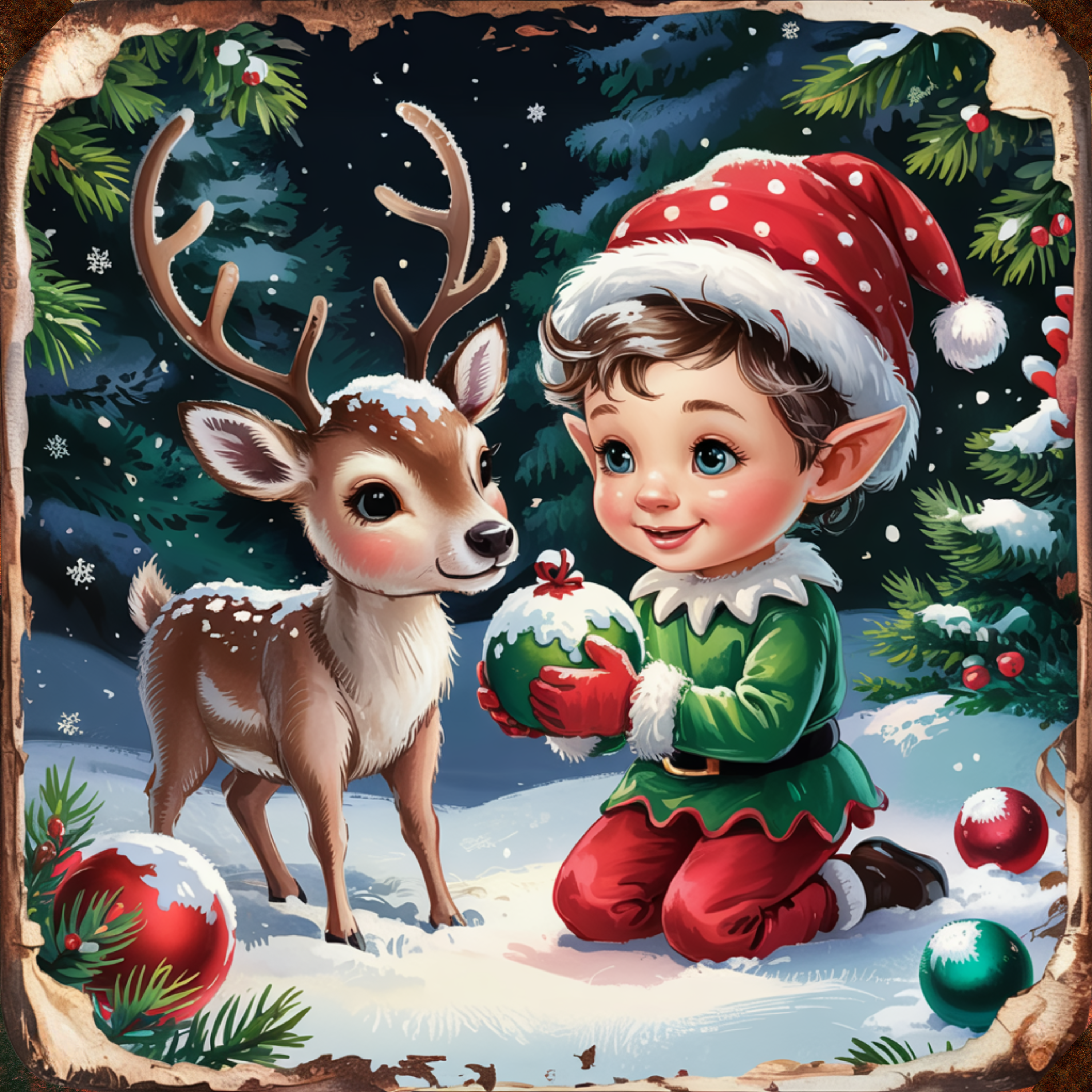 Christmas Elf and Reindeer Art, Whimsical Holiday Scene, Festive Winter Wonderland Design, Adorable Christmas Decor