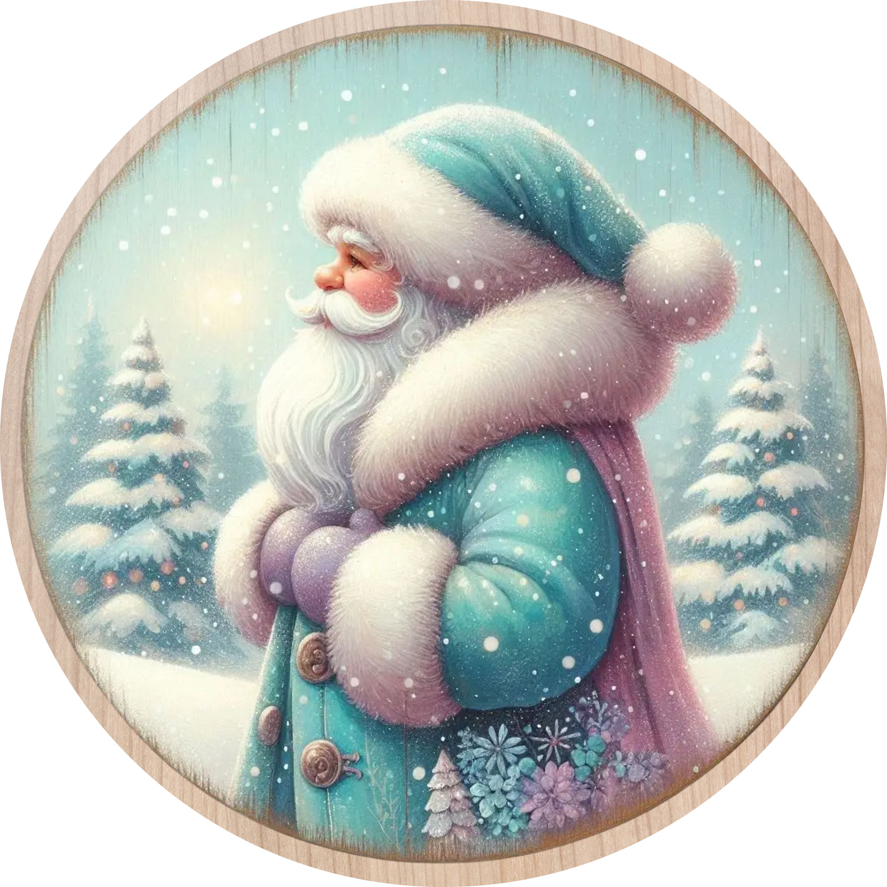 Blue and Pink Santa Design | Vintage Christmas Art with Snowy Forest Scene | Pastel Holiday Décor for Winter Charm