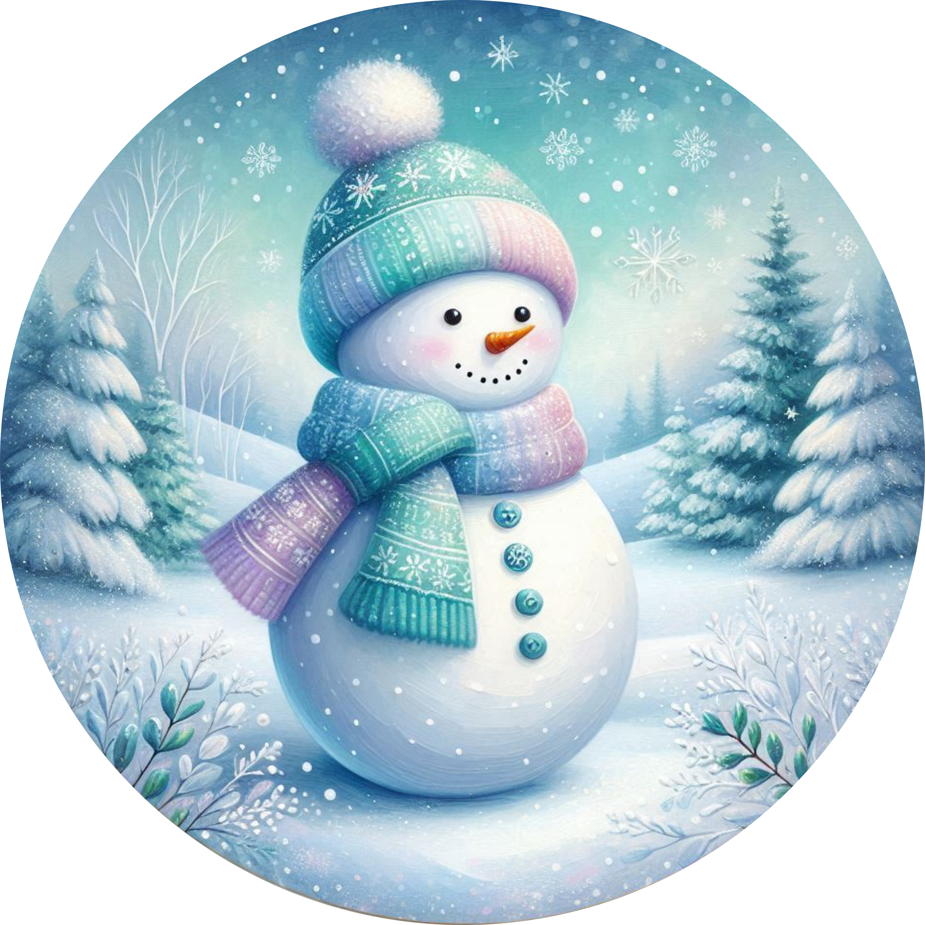 Blue and Pink Snowman Art, Pastel Winter Wonderland Scene, Peaceful Christmas Design, Cozy Holiday Wall Decor
