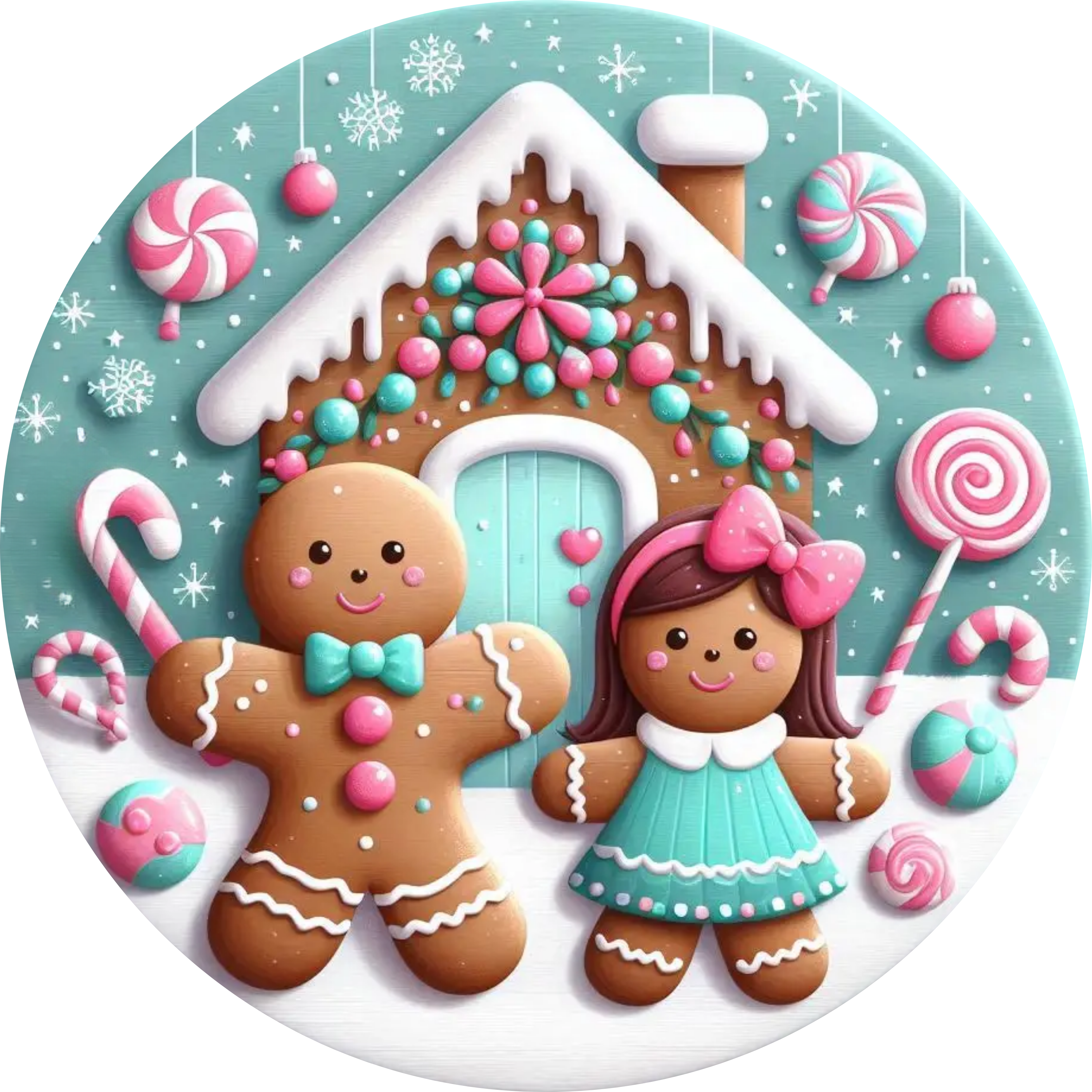 Pink and Blue Gingerbread House Design | Whimsical Candyland Christmas Art | Sweet Holiday Décor for Festive Cheer