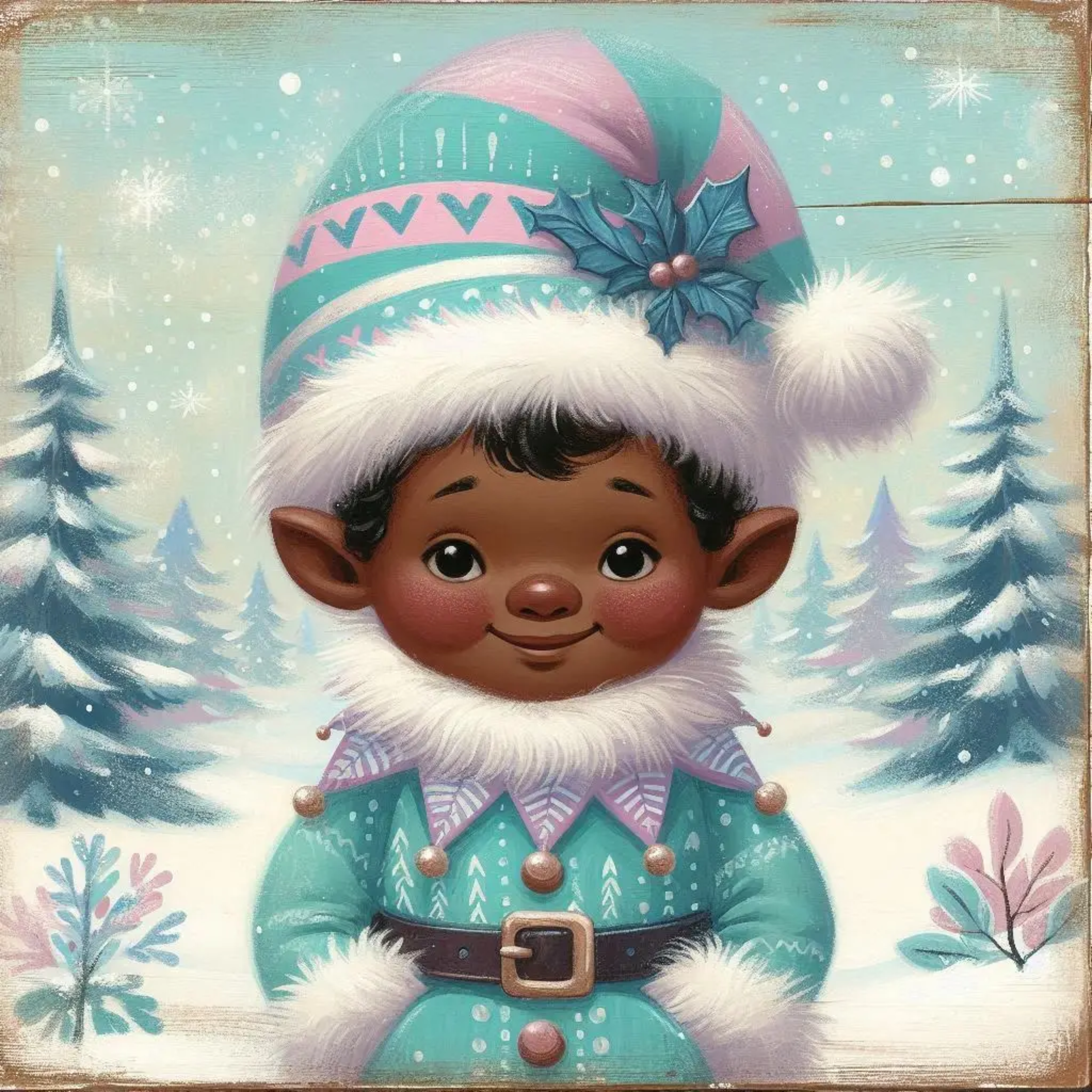 Blue and Pink Winter Gnome Art, Cute Holiday Gnome Design, Whimsical Christmas Scene, Frosty Snowy Wonderland Decor