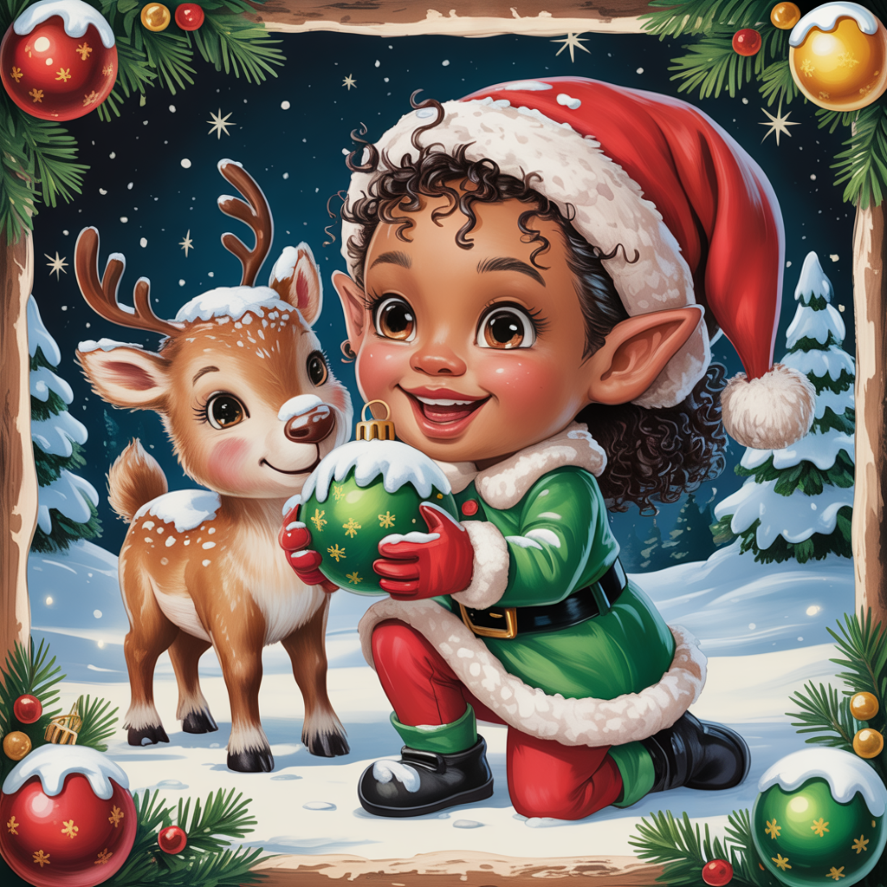 Christmas Elf and Reindeer Art, Cute Holiday Scene, Whimsical Winter Wonderland Design, Festive Christmas Wall Decor