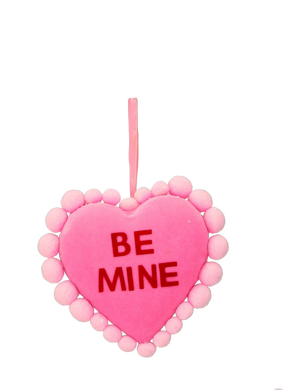 7.5 inch pink BE MINE velvet conversation pompom heart shown with matching LUV U and HUG ME hearts