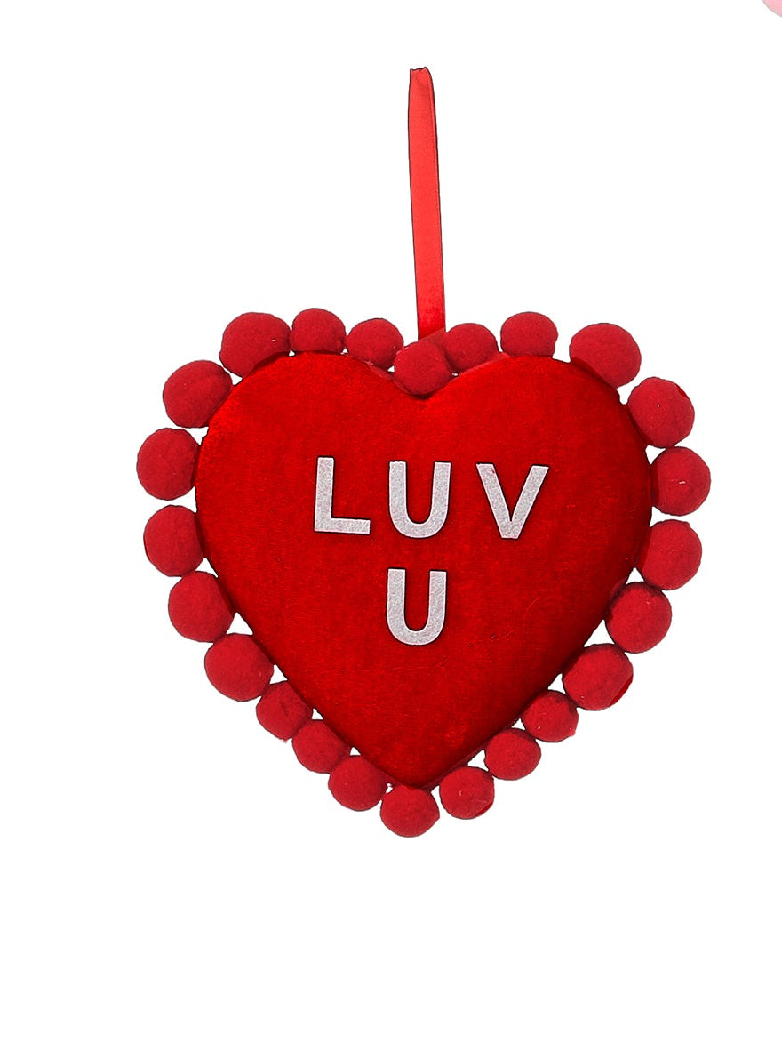 7.5 inch red LUV U velvet conversation pompom heart shown with matching BE MINE and HUG ME hearts
