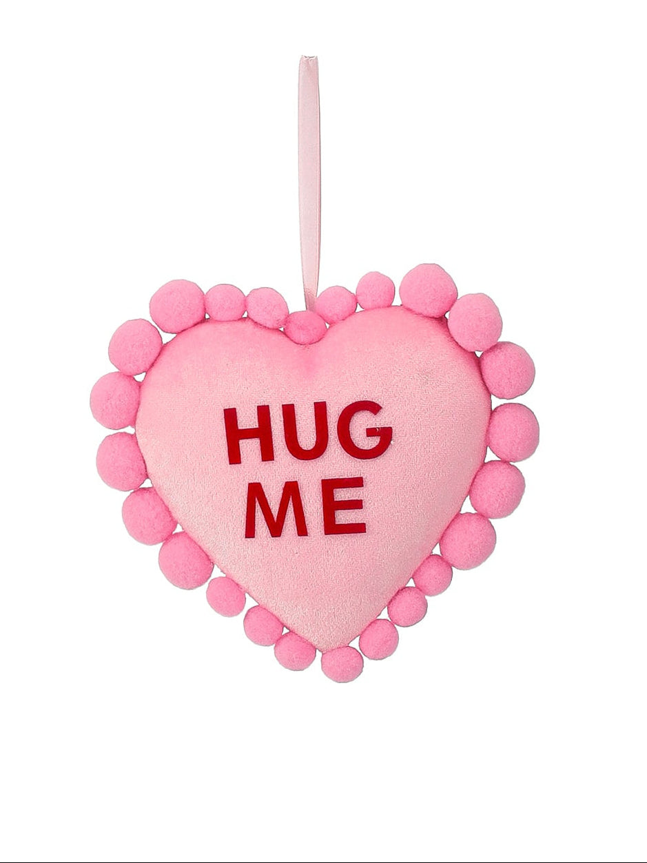 7.5 inch pink HUG ME velvet conversation pompom heart shown with matching BE MINE and LUV U hearts