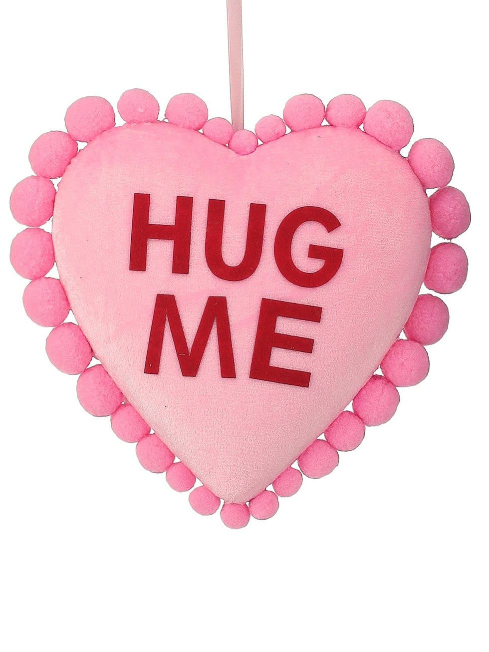 11 inch pink HUG ME velvet conversation pompom heart shown with matching BE MINE and LUV U hearts