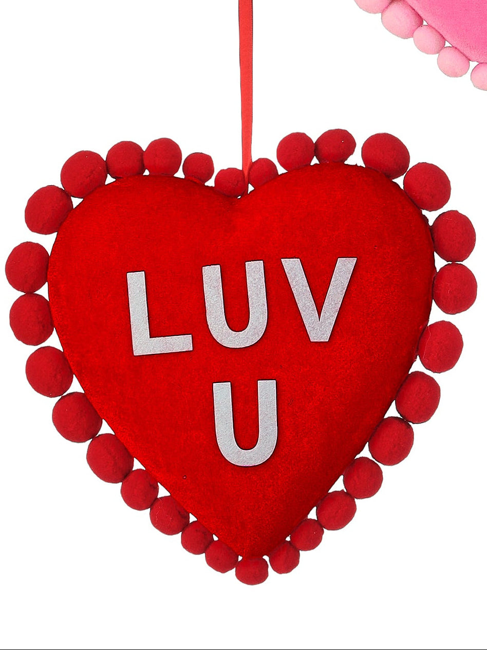 11 inch red LUV U velvet conversation pompom heart shown with matching BE MINE and HUG ME hearts