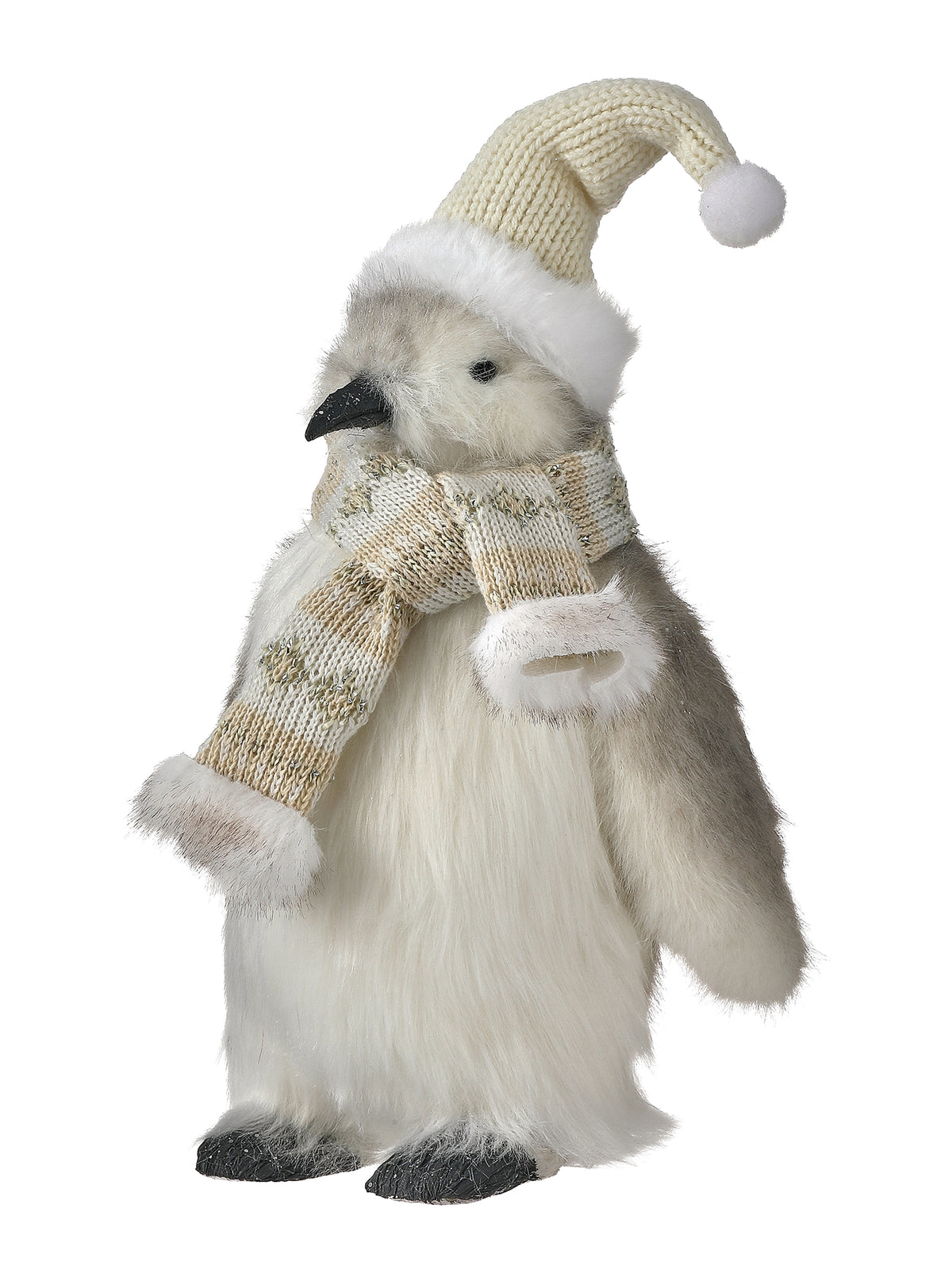 12 inch white faux fur penguin with knit hat and scarf winter decor