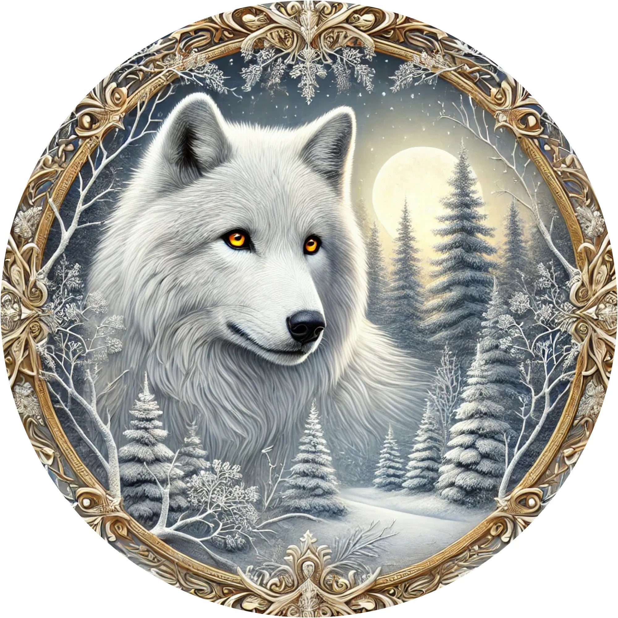 Metal Sublimation Sign, white wolf winter scene metal wreath sign