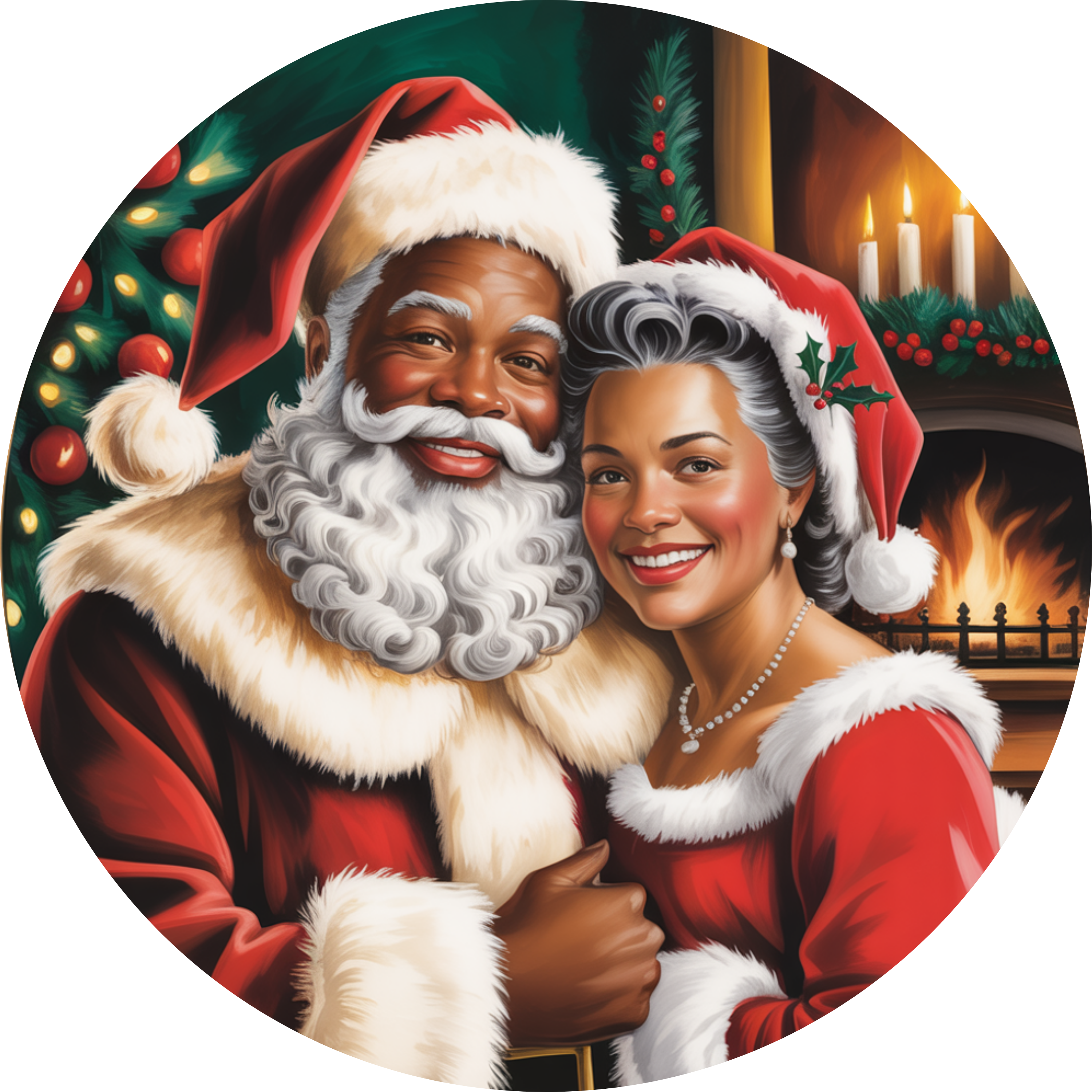 Santa and Mrs. Claus by the Fireplace | Cozy Christmas Couple Design | Classic Holiday Décor for Festive Home Displays