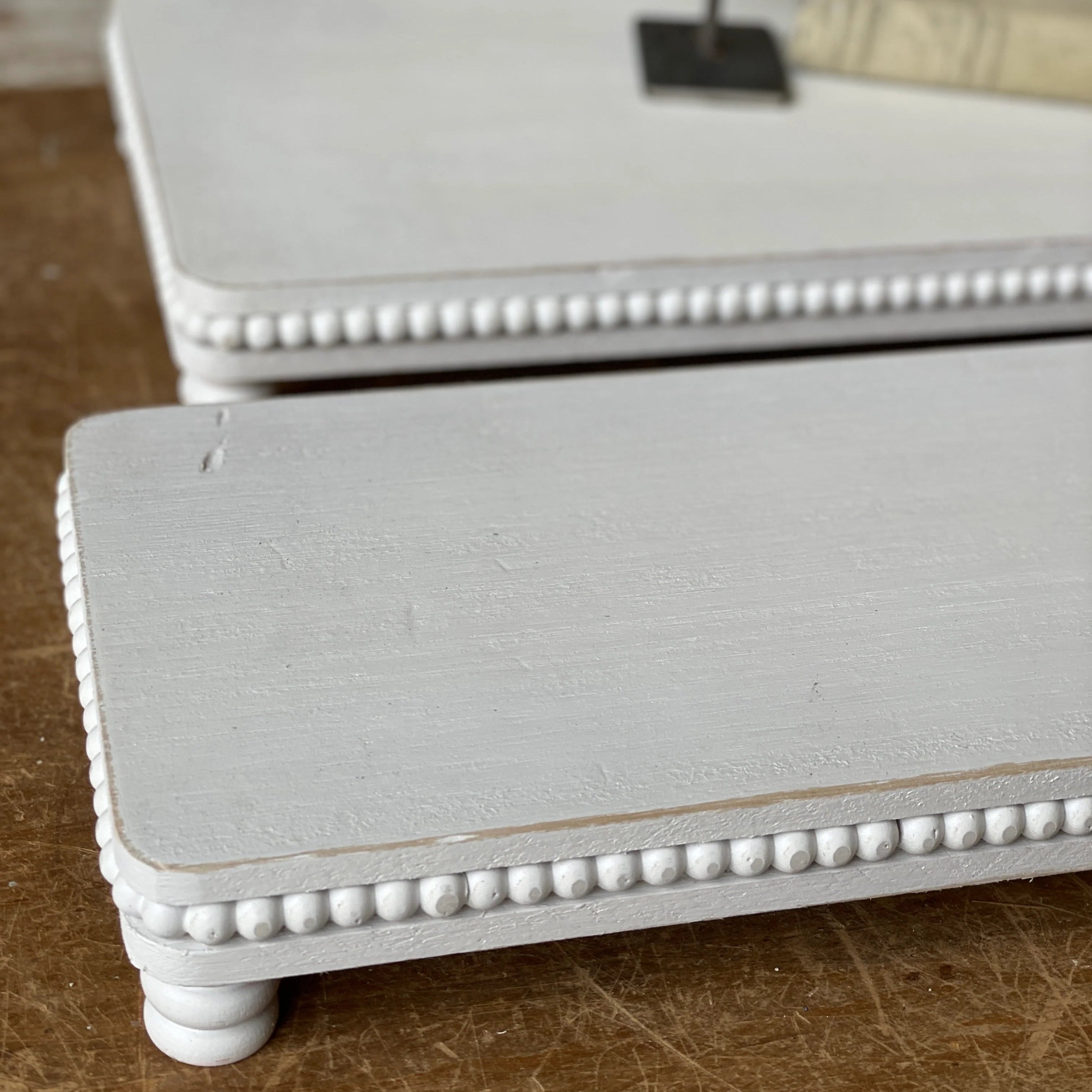 Farmhouse Beaded Wood Display Tray, White Distressed Risers, Cottage Style Decorative Accent