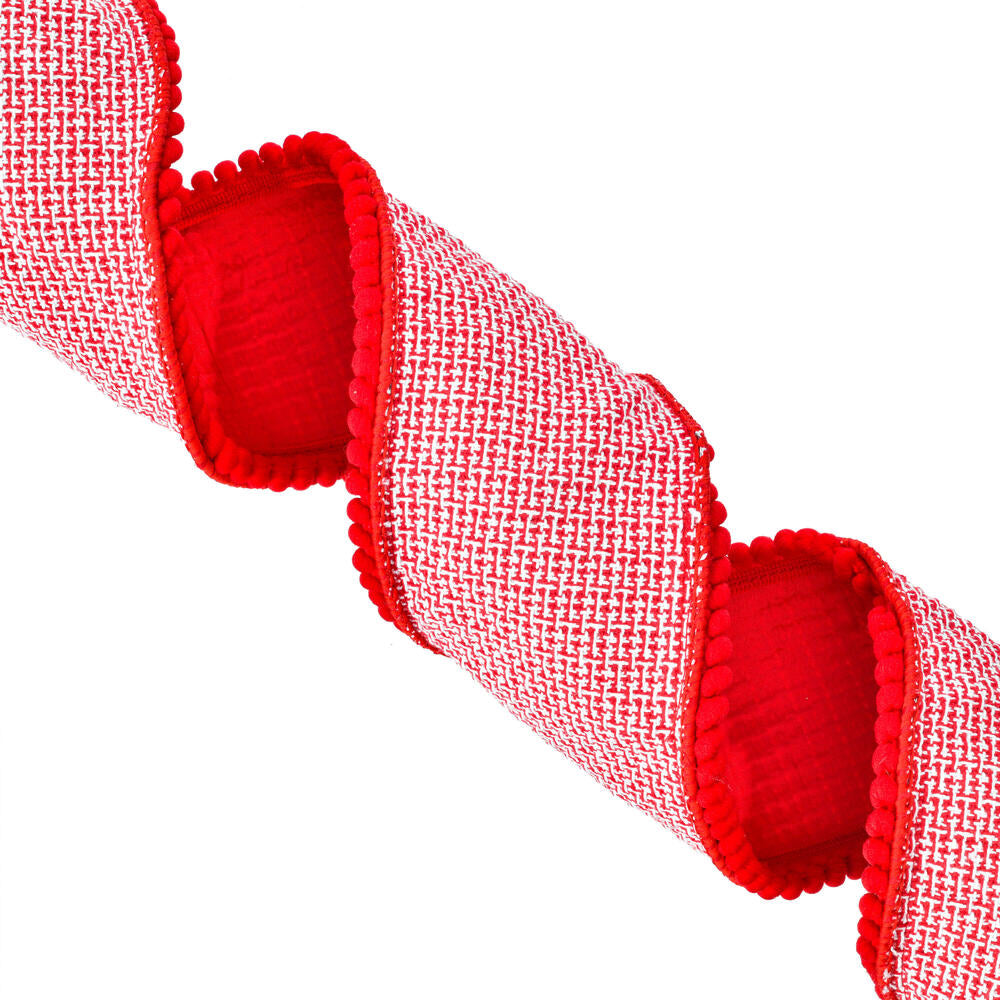 4" x 5 Yards Red Houndstooth Jacq Pom Pom Trim Fused Ribbon - QR221643