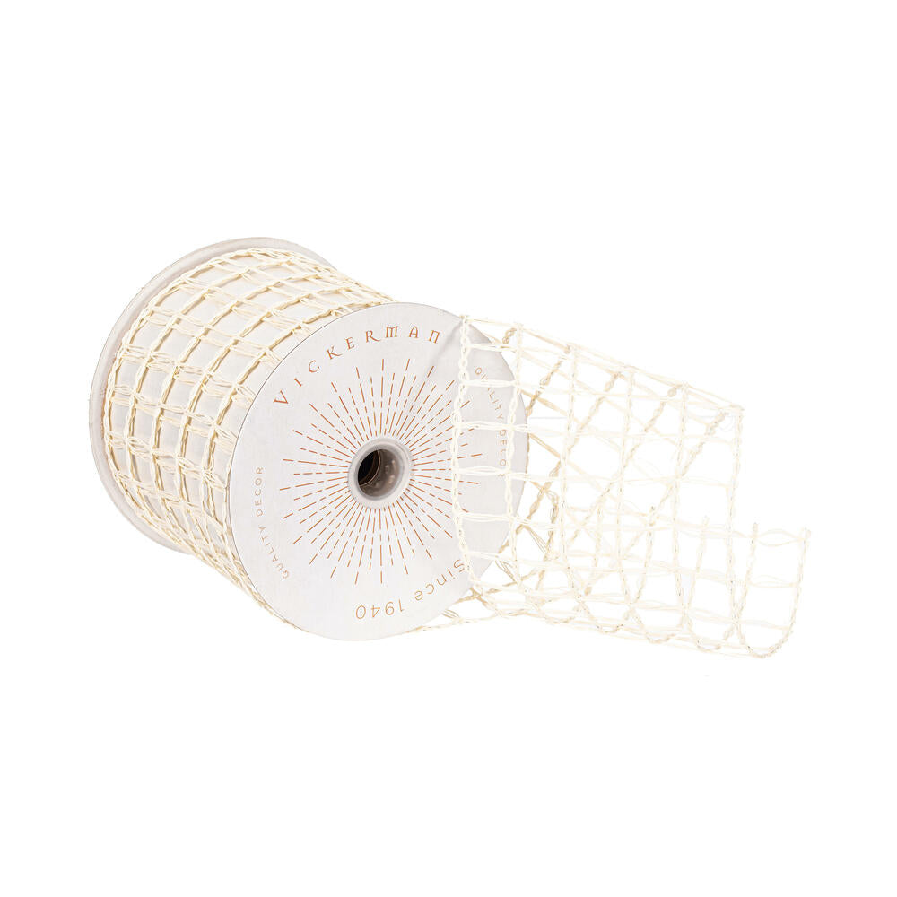 3.75"x10yd Ivory Thin Grid Wired Ribbon - QY240935