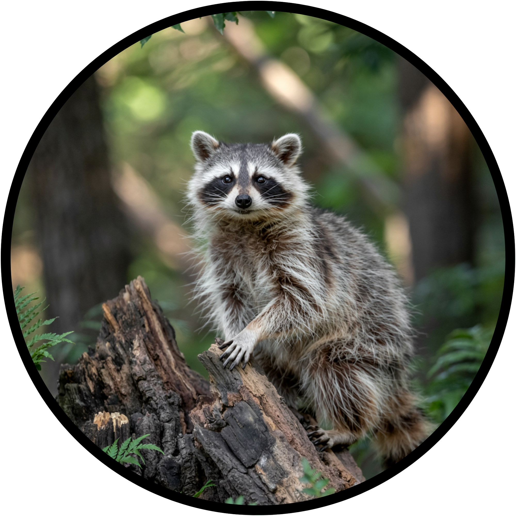 Realistic Raccoon on Stump Art, Woodland Animal Design, Rustic Nature Scene, Forest Wildlife Home Decor