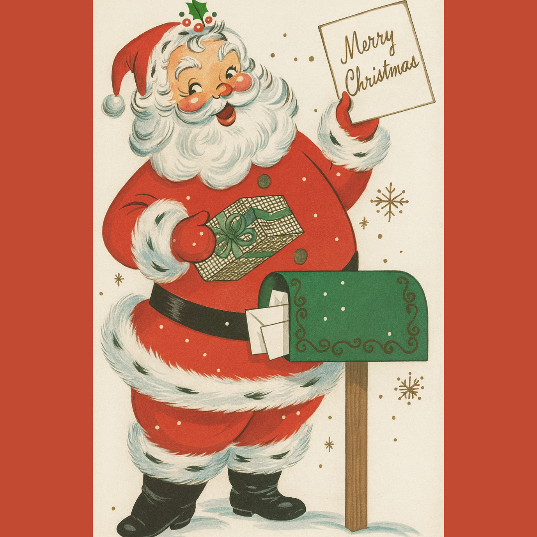 Vintage Santa Claus by Mailbox Design with Merry Christmas Card and Wrapped Present