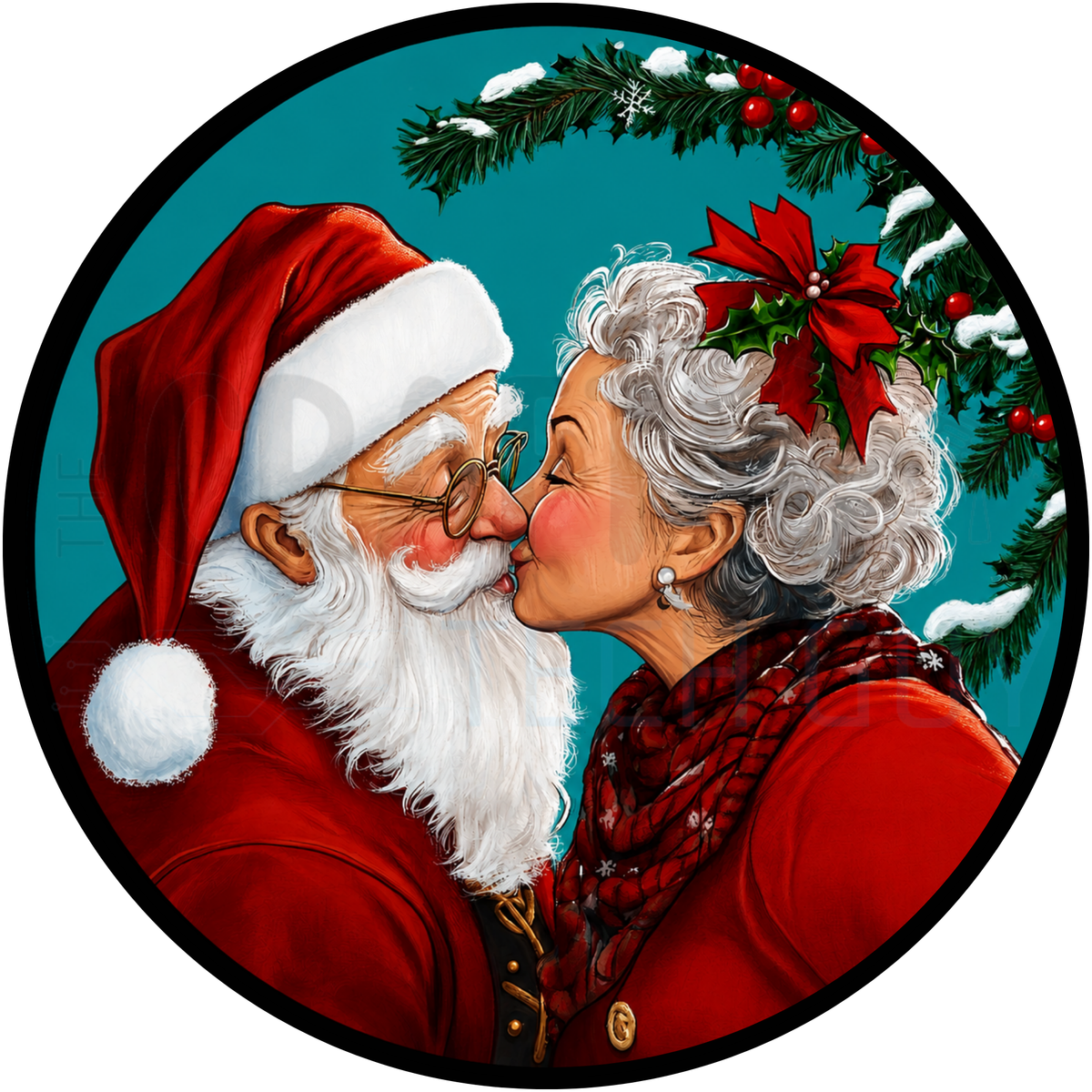Santa & Mrs. Claus Kissing Romantic Christmas Wreath Sign