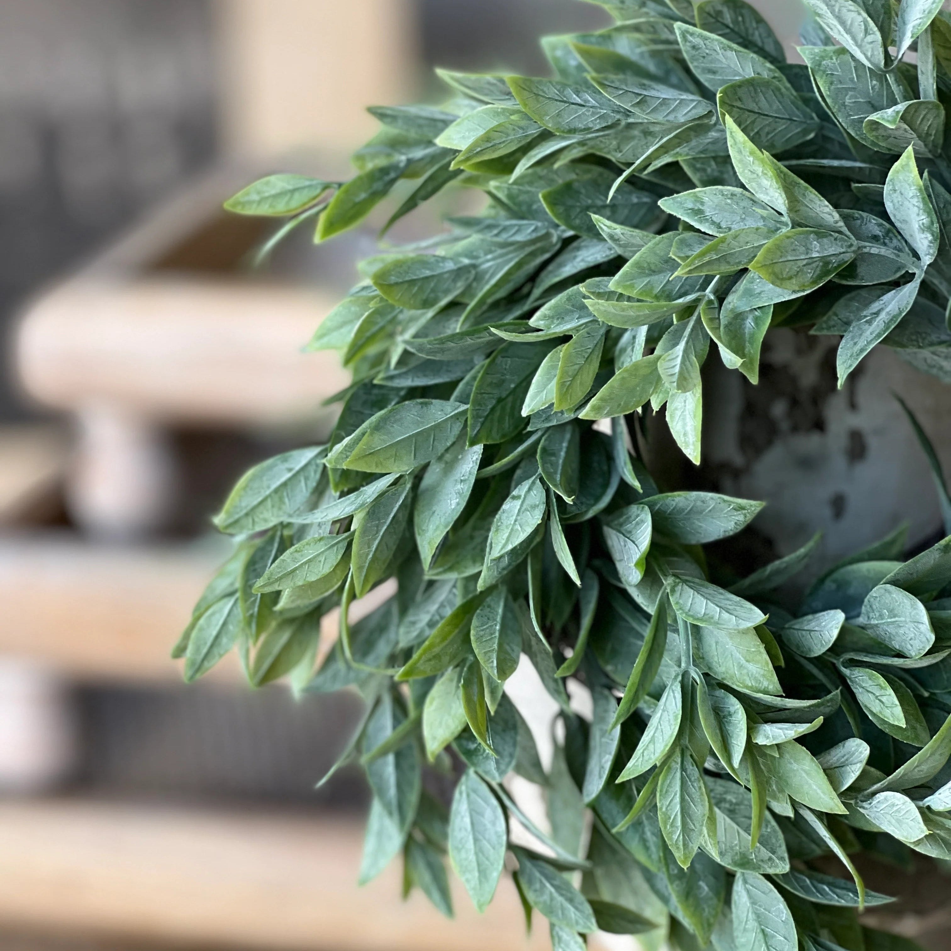 Rainwashed Greenery Candle Ring, Farmhouse Faux Leaf Wreath Accent, Neutral Everyday Home Decor Styling Piece