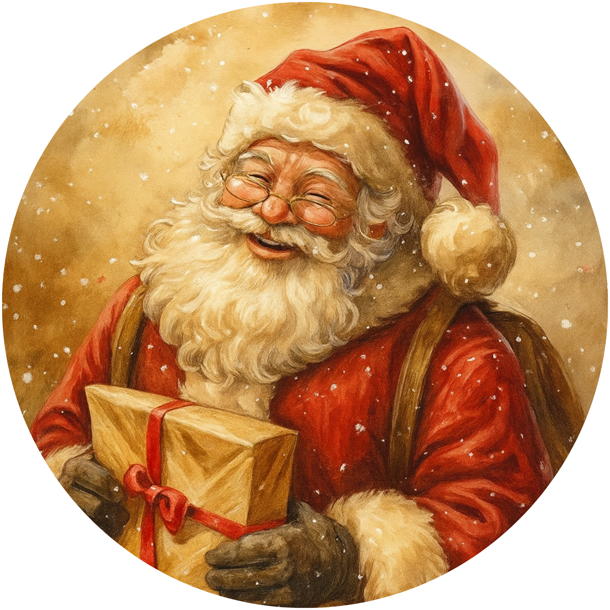 Vintage Santa Claus Holding Gift Design with Golden Glow and Classic Christmas Charm