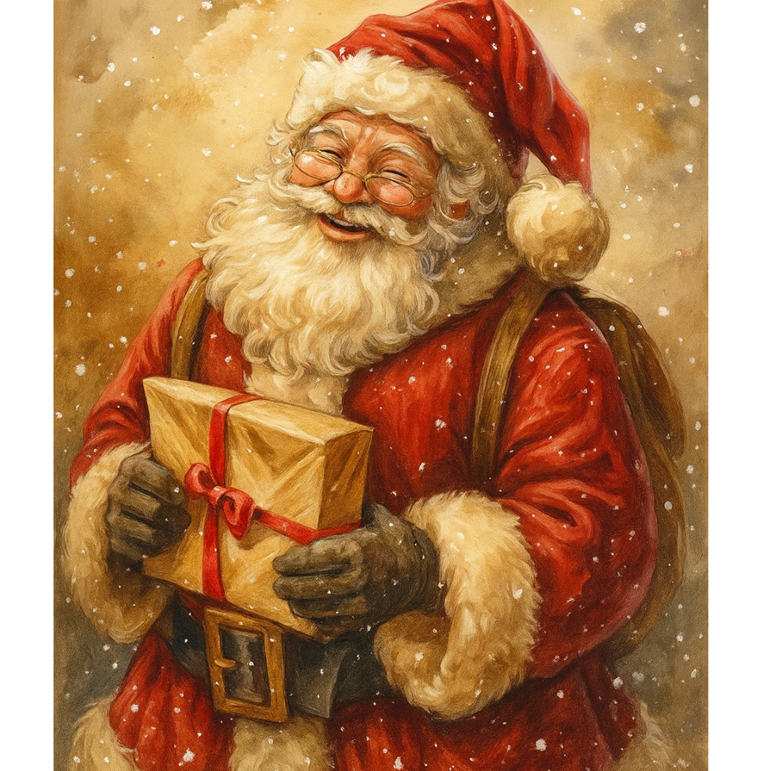 Vintage Santa Claus Holding Gift Design with Classic Red Suit and Golden Holiday Glow