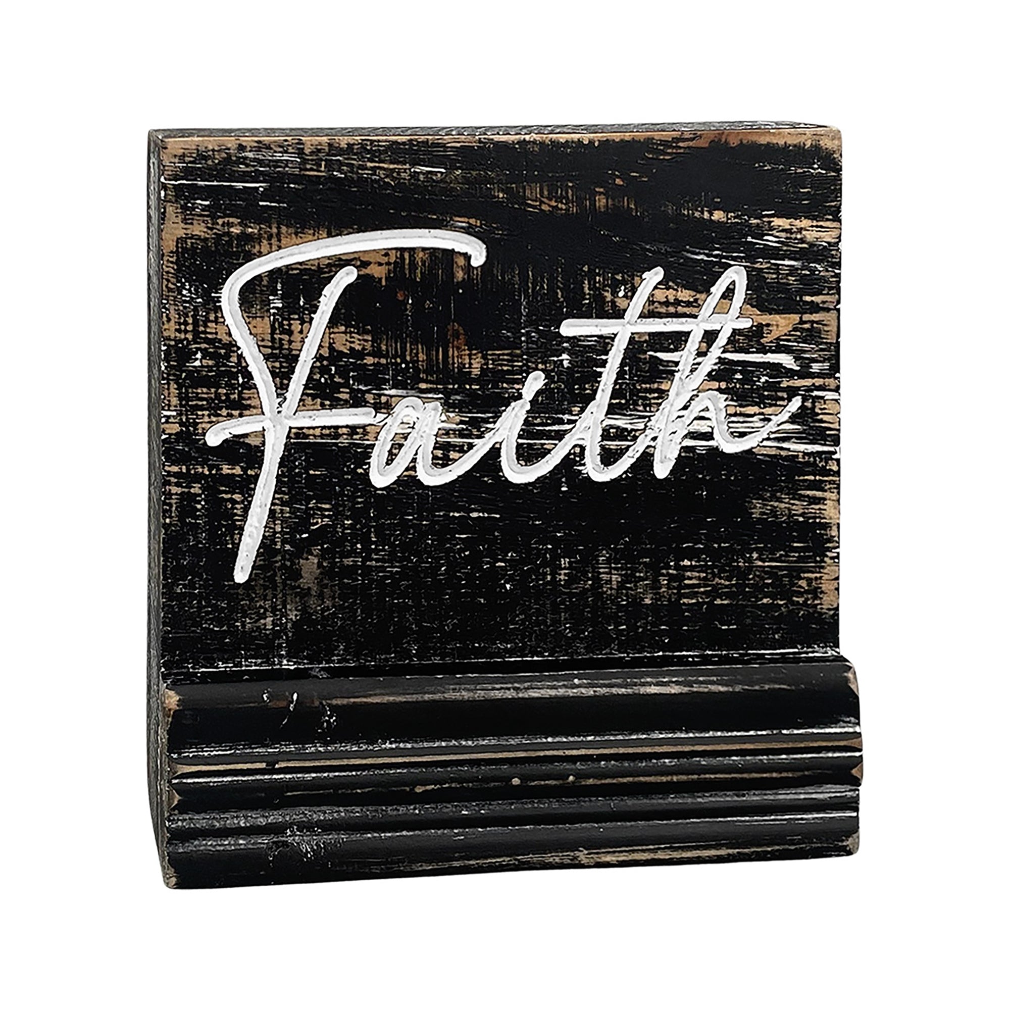 Faith Wood Block Sign, Rustic Farmhouse Shelf Decor, Black Distressed Religious Home Accent